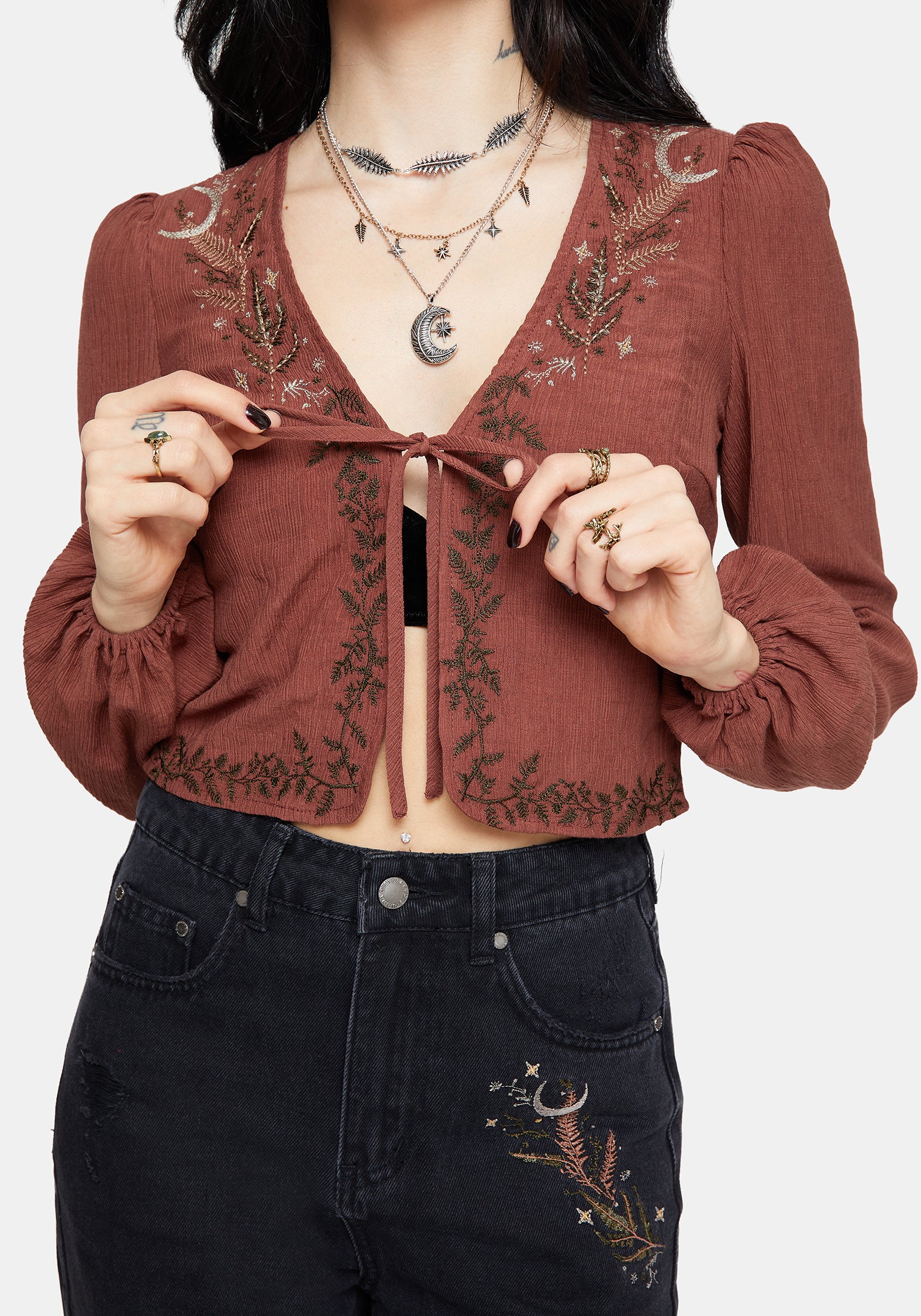 Abellona Embroidered Rust Tie Front Blouse - Image 2