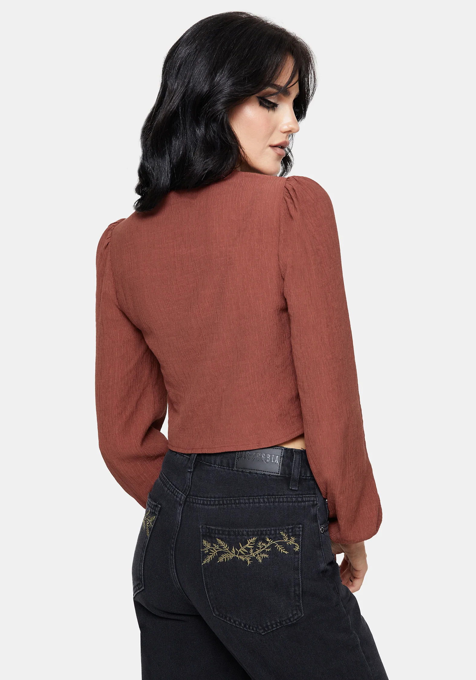 Abellona Embroidered Rust Tie Front Blouse - Image 3