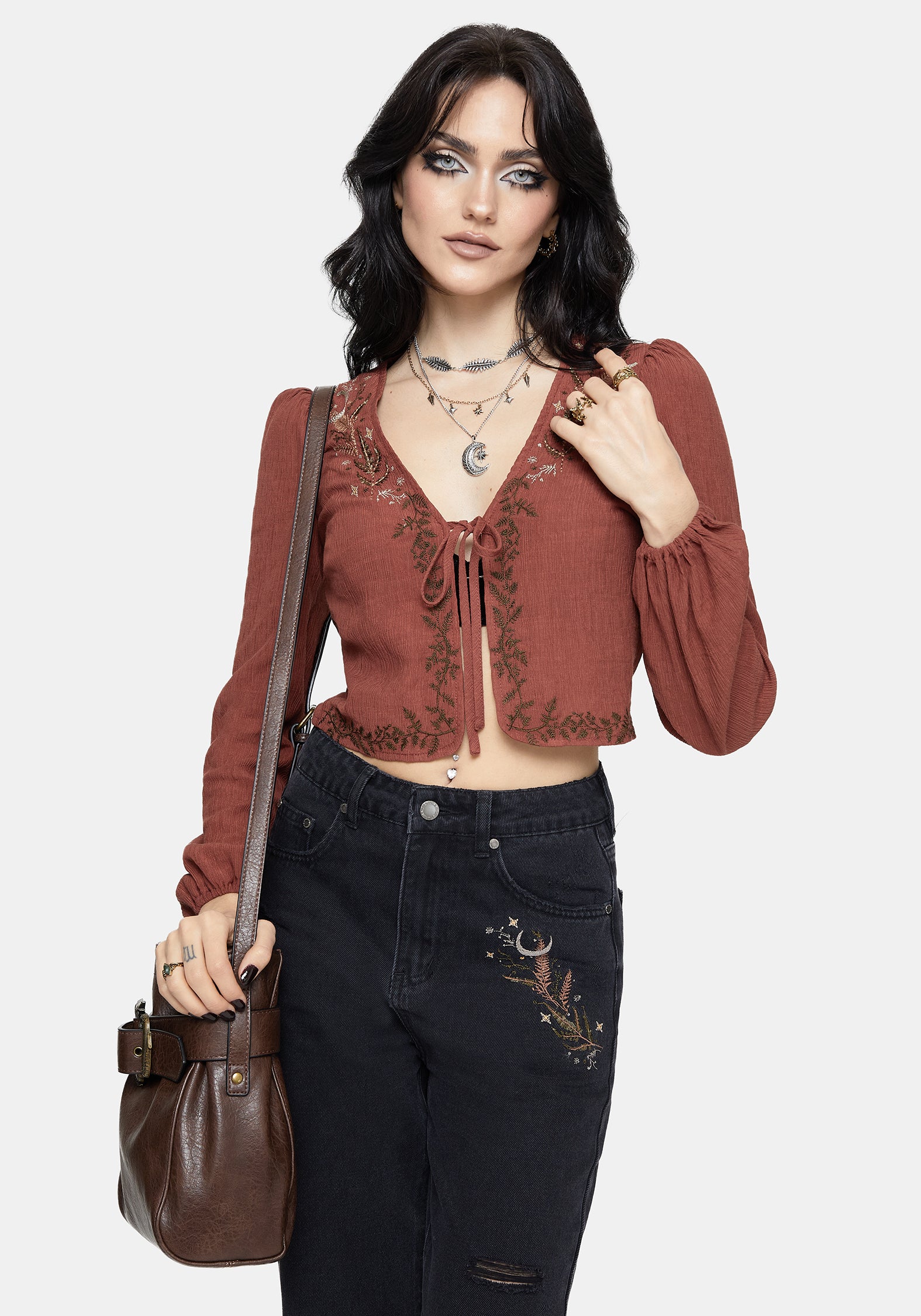 Abellona Embroidered Rust Tie Front Blouse - Image 4