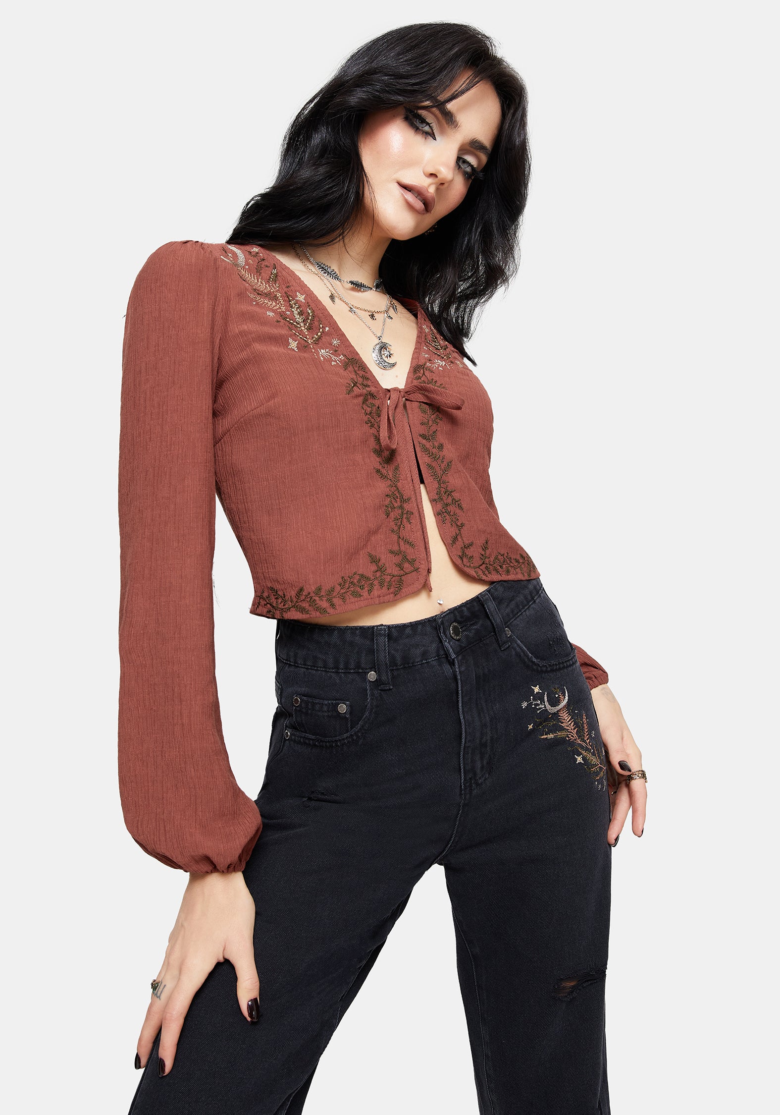 Abellona Embroidered Rust Tie Front Blouse - Image 6