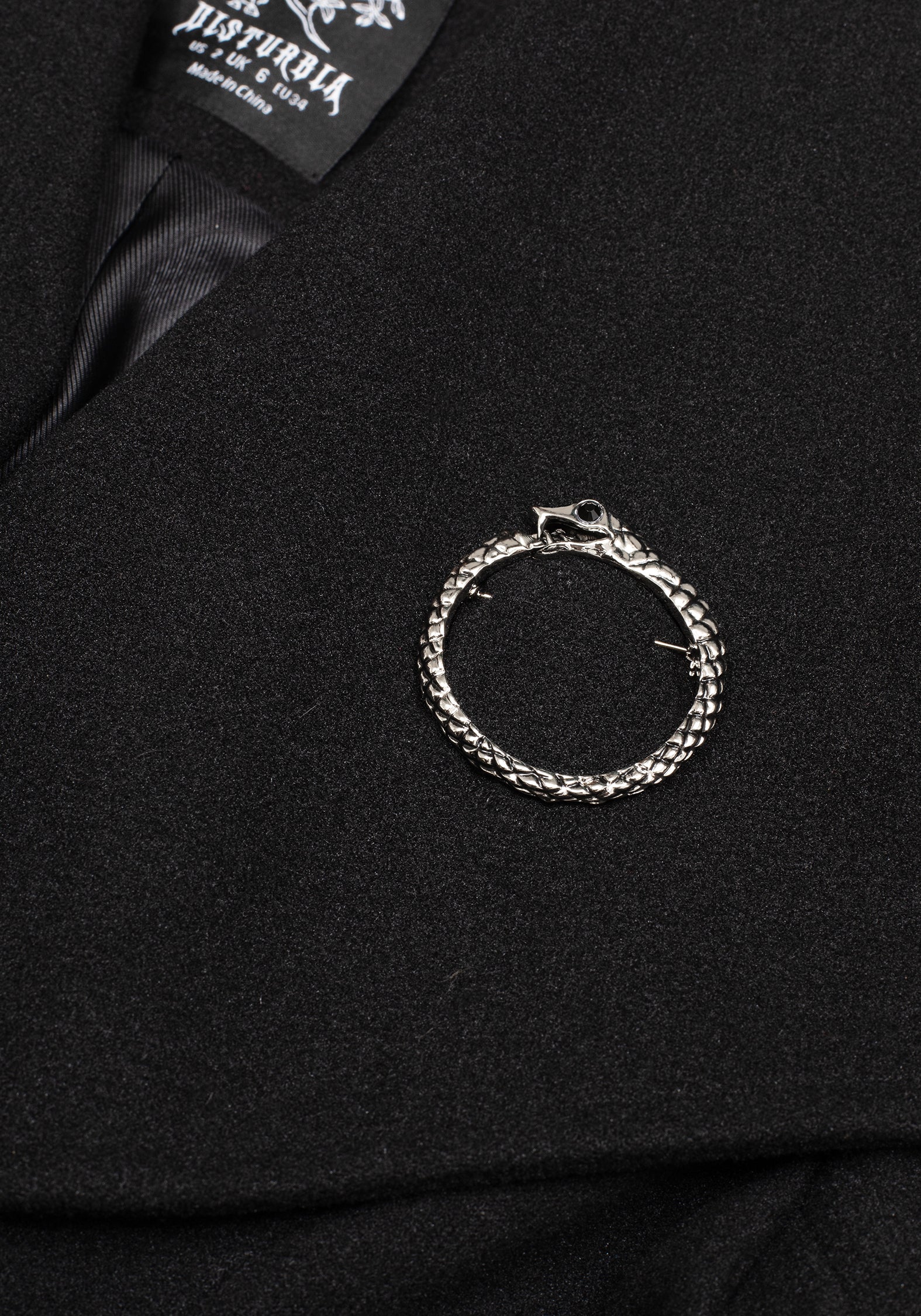 Abyss Tie Waist Double Breasted Coat With Snake Brooch - Black - Image 2