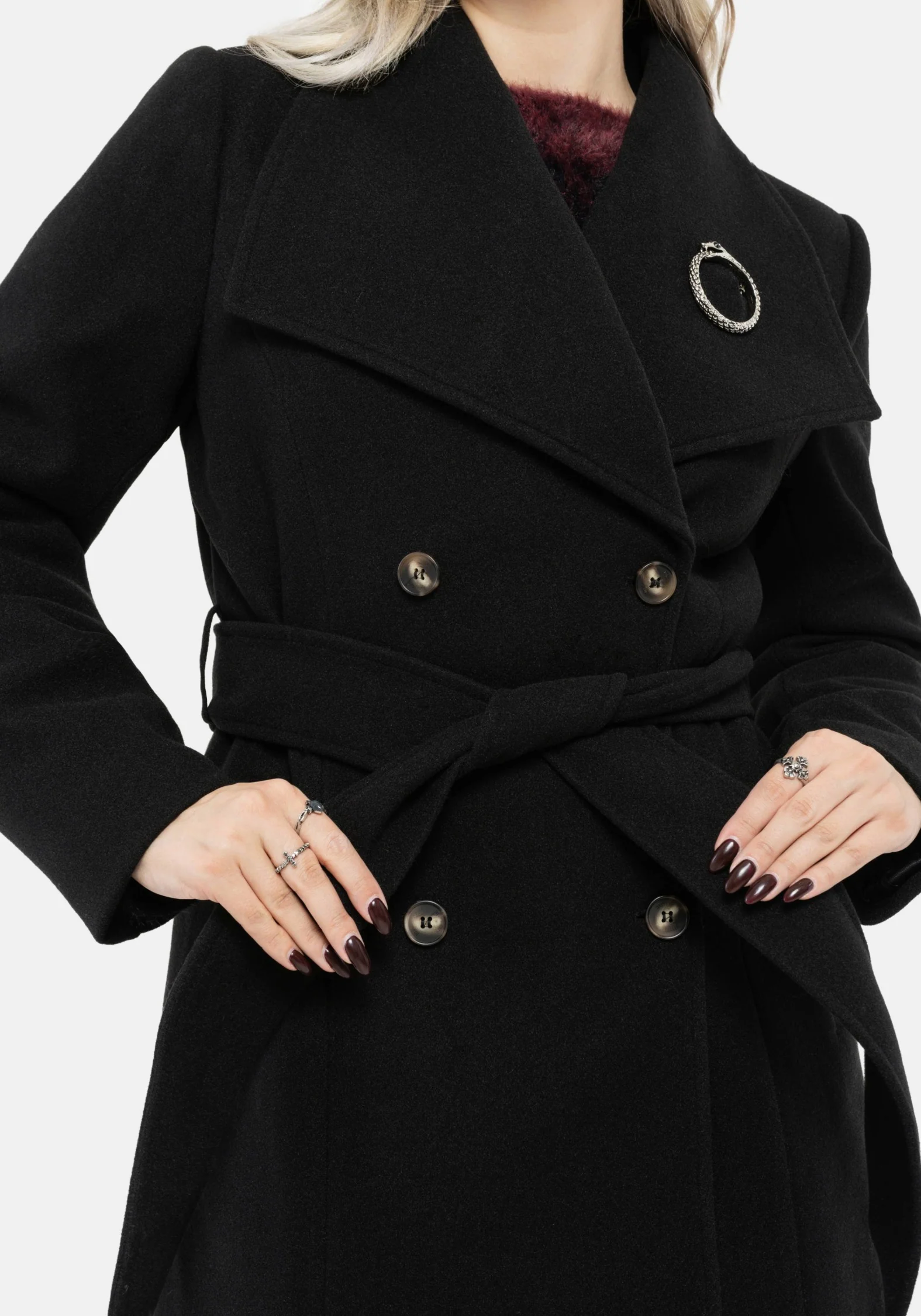 Abyss Tie Waist Double Breasted Coat With Snake Brooch - Black - Image 3