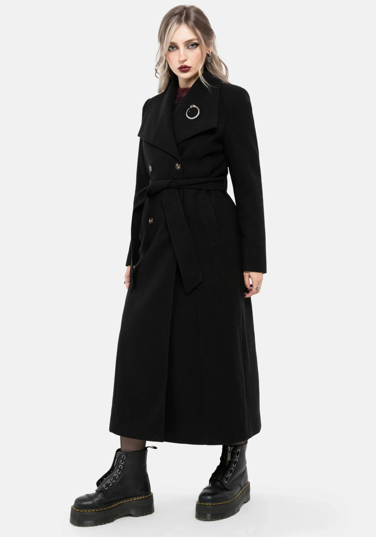 Abyss Tie Waist Double Breasted Coat With Snake Brooch - Black - Image 7