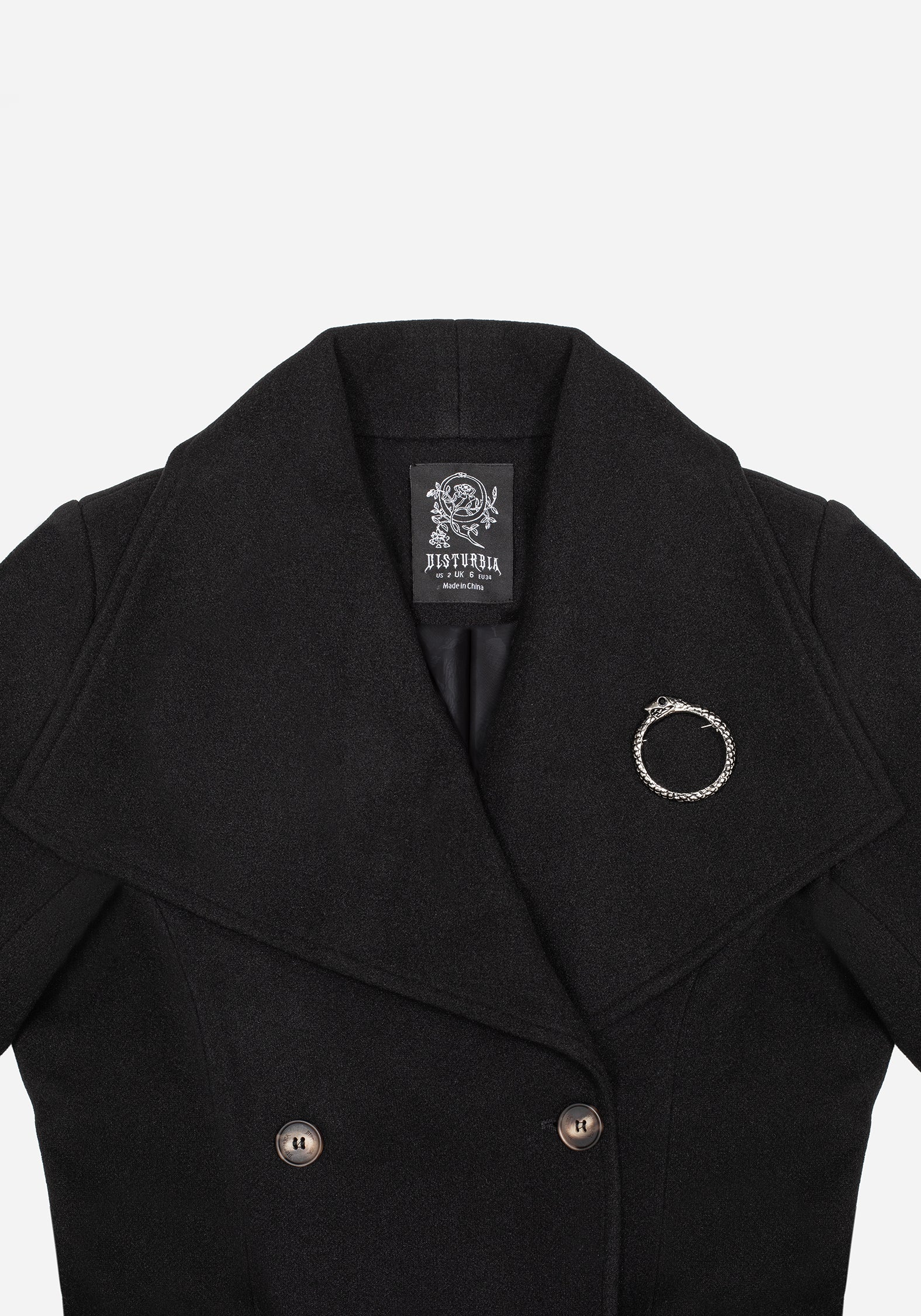 Abyss Tie Waist Double Breasted Coat With Snake Brooch - Black - Image 9