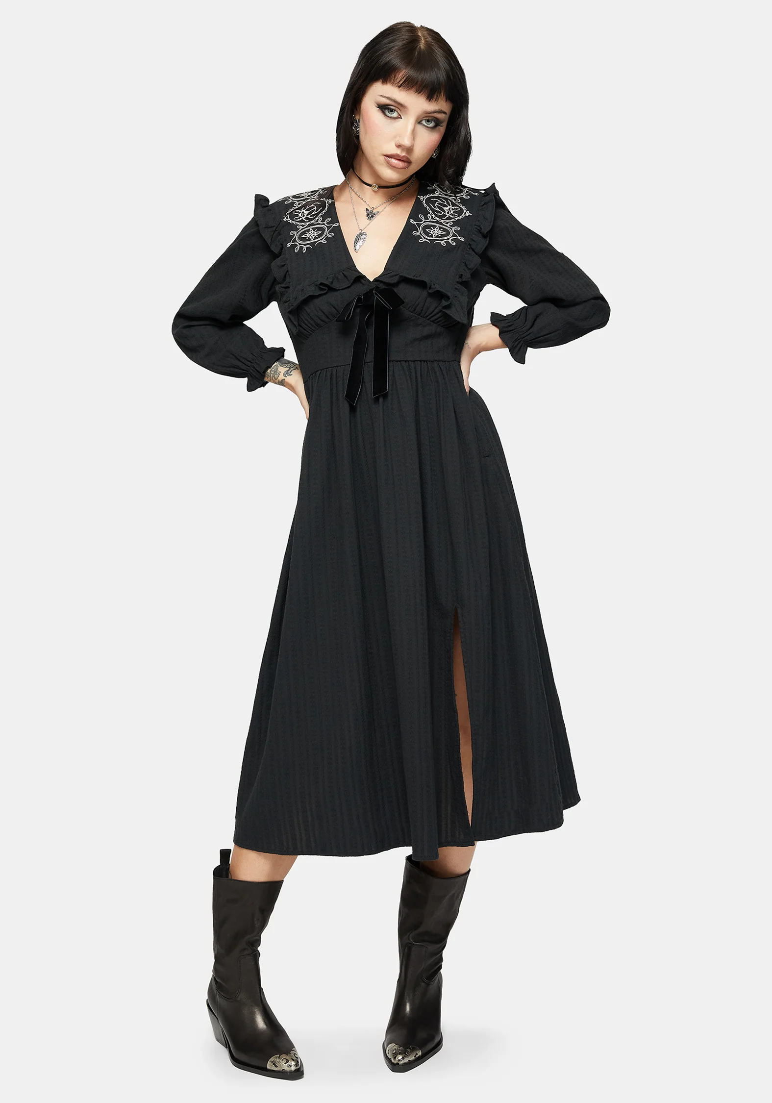 Alira Bug Embroidered Collar Cotton Midi Dress - Image 4