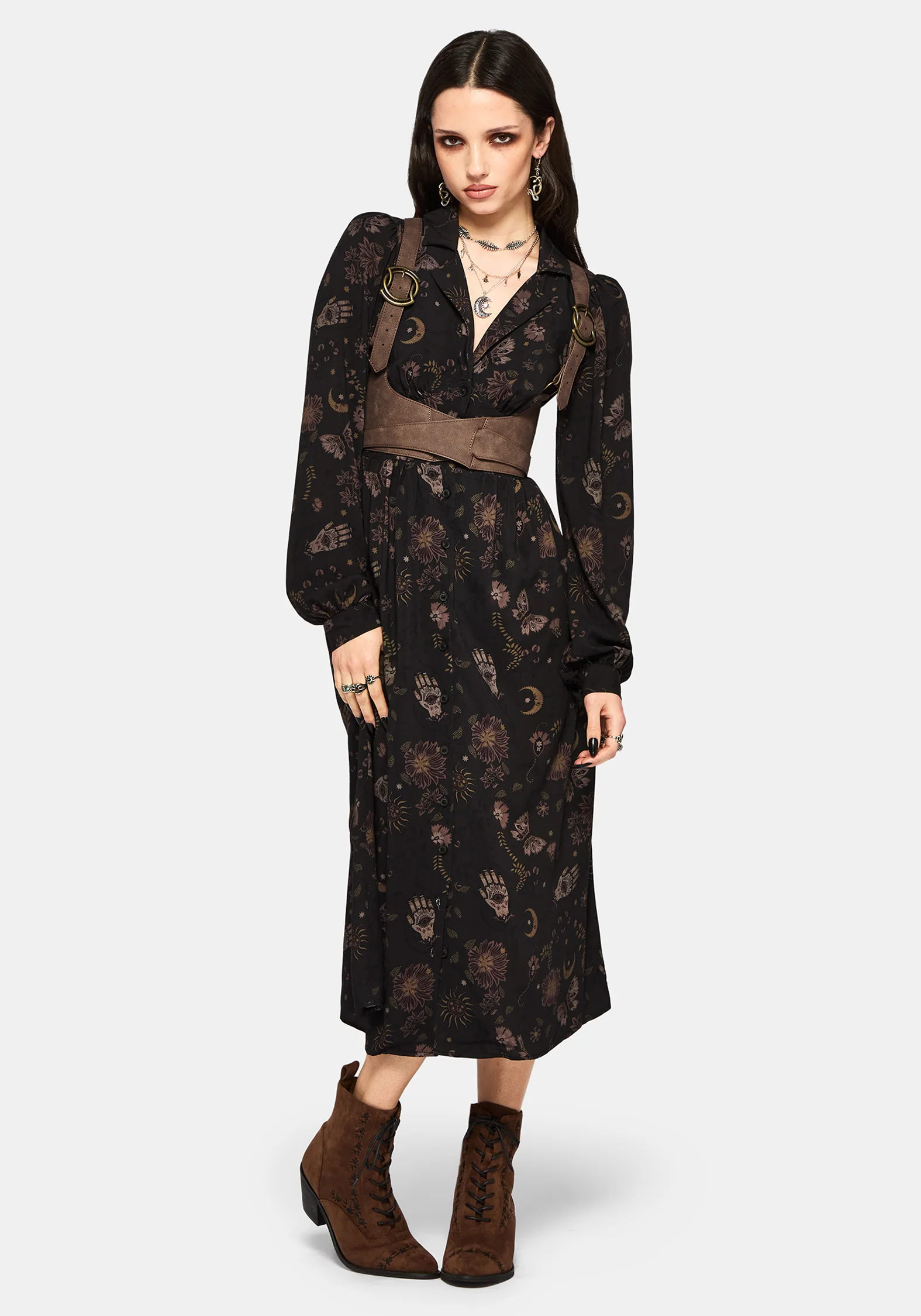 Angela Folk Print Button Up Midi Dress