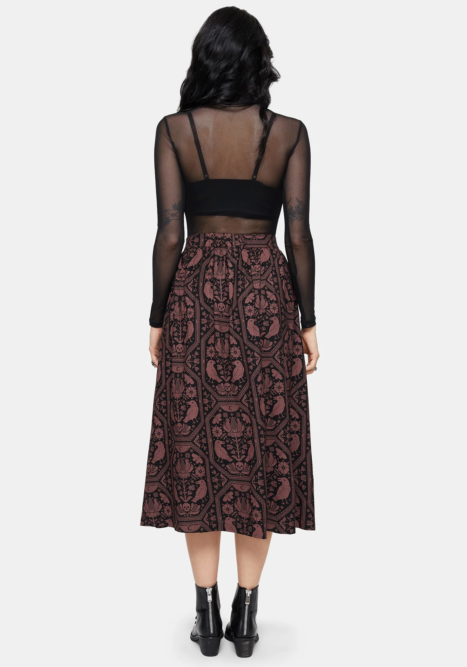 Annabel Inverted Raven Print Button Down Midi Skirt - Image 3