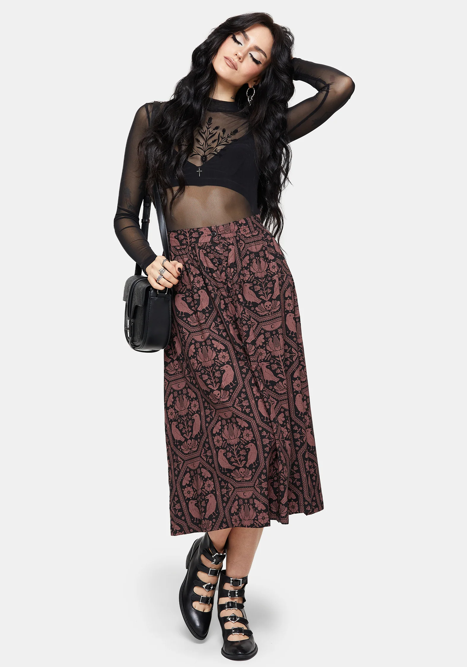 Annabel Inverted Raven Print Button Down Midi Skirt - Image 5