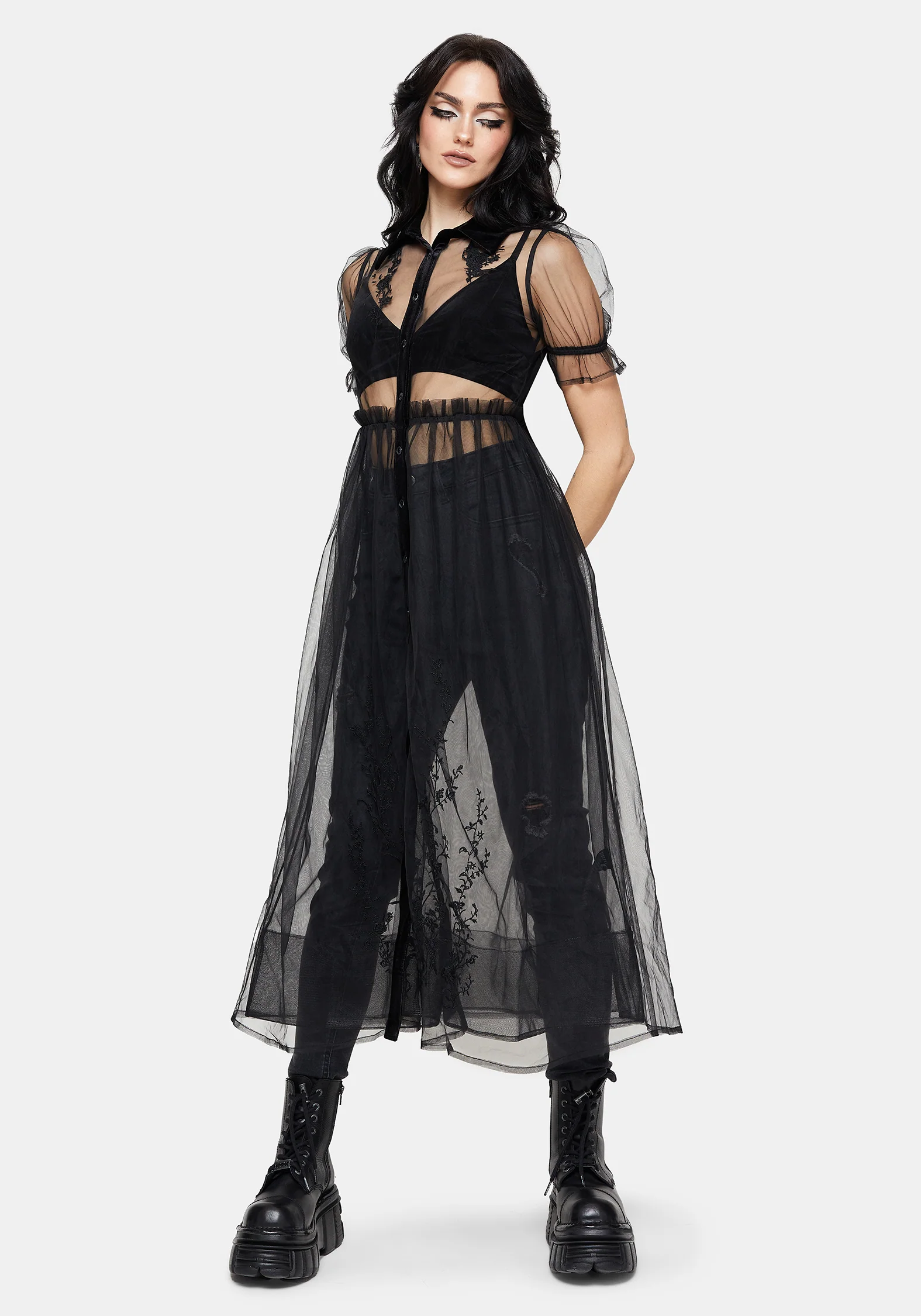 Aria Embroidered Tulle Button Up Midaxi Shirt Dress - Image 10