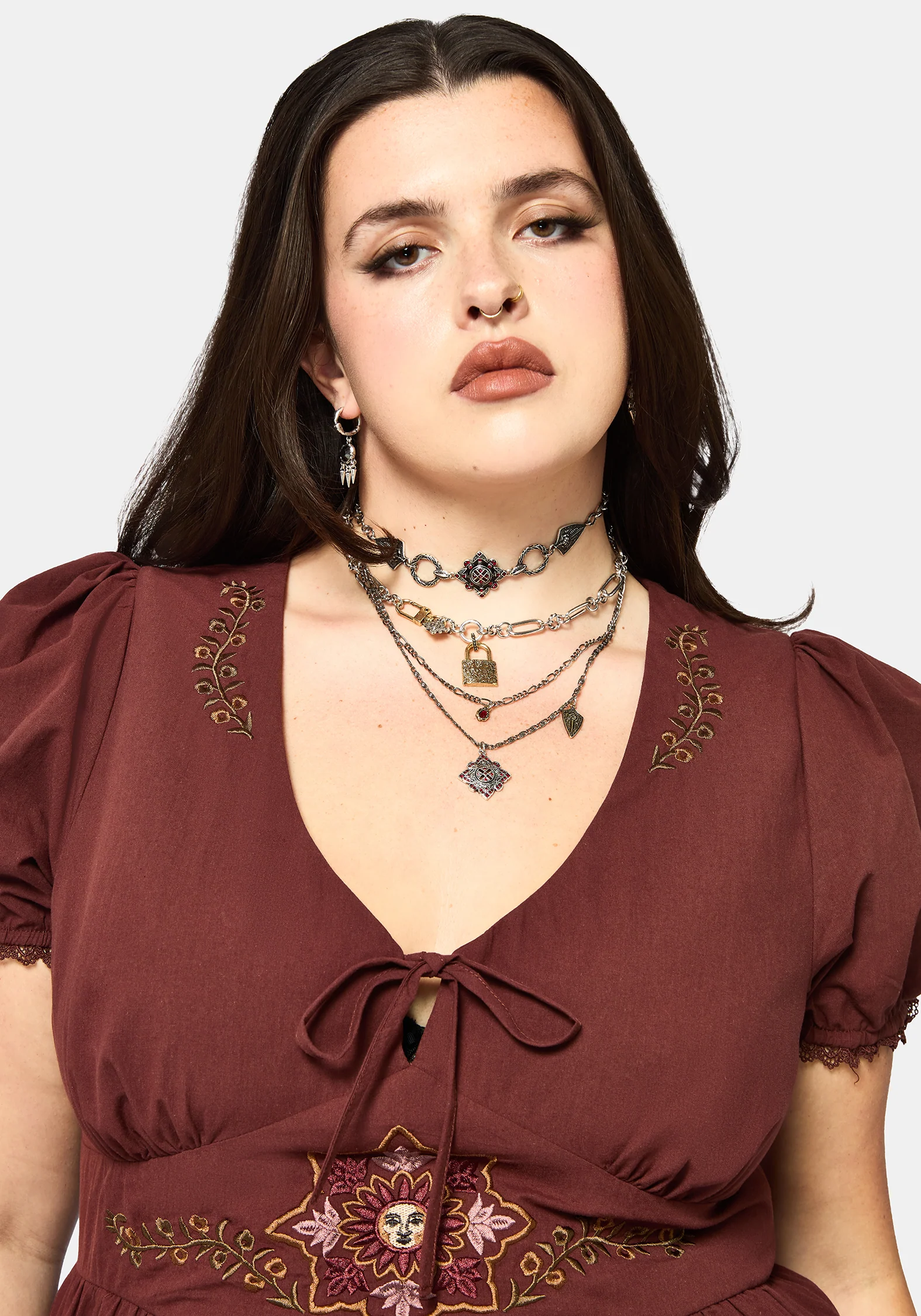 Arianwen Embroidered Puff Sleeve Midaxi Dress - Burgundy - Image 9