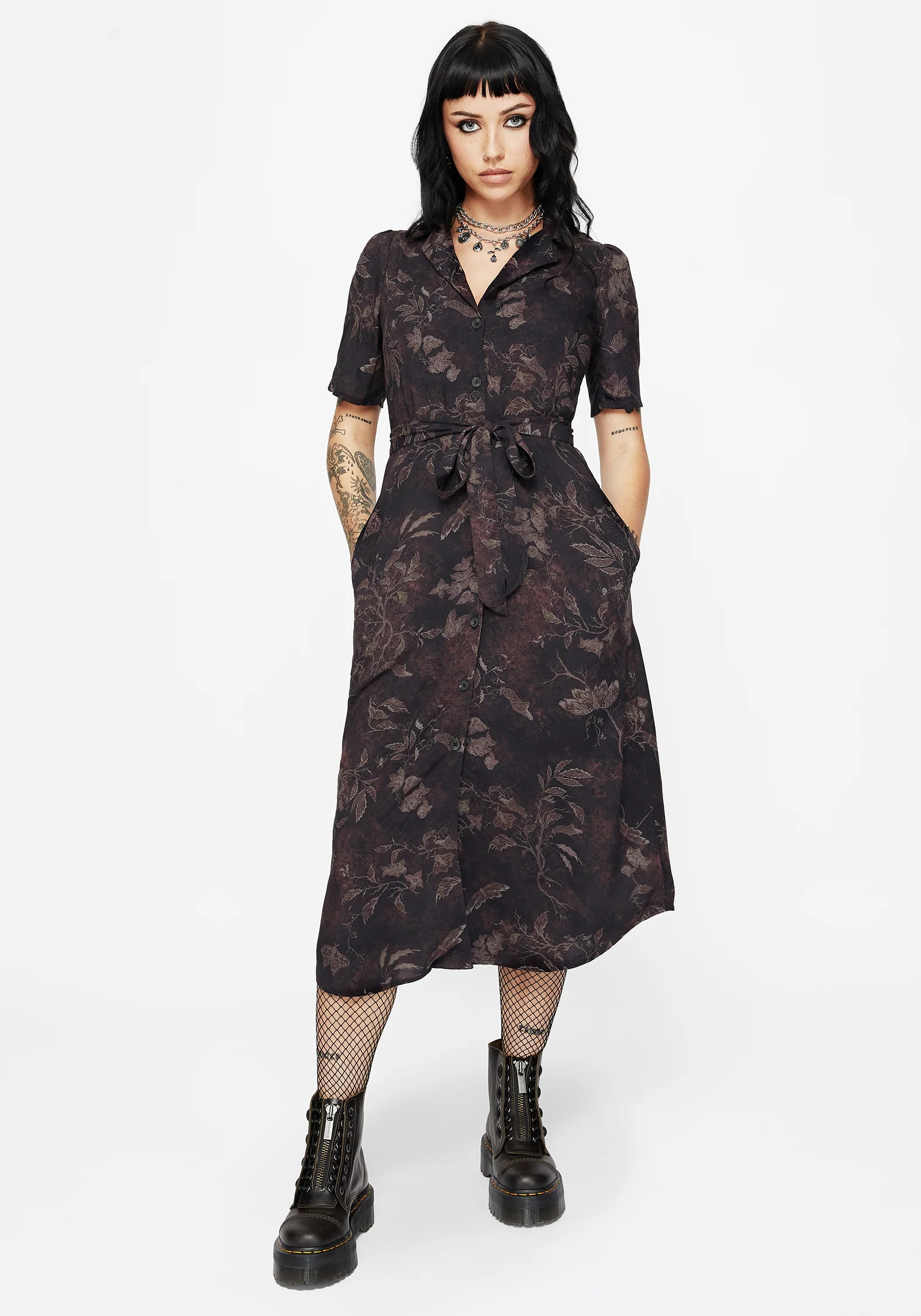 Ashmire Woodland Moth Print Midi Belted Shirt Dress - Image 4