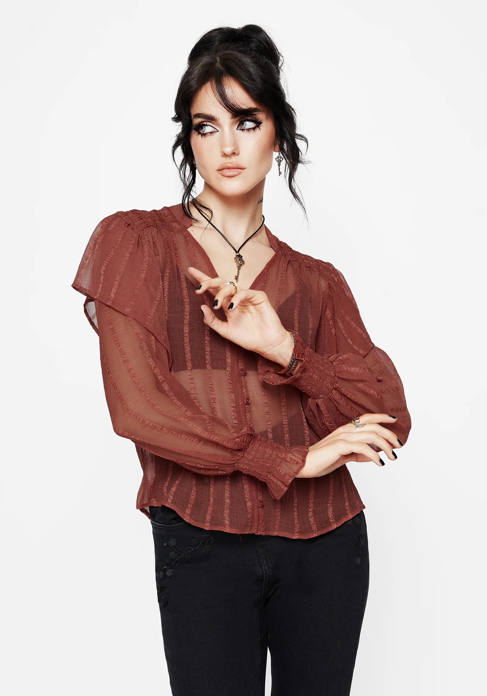 Asteria Sheer Textured Stripe Ruffle Blouse - Image 5