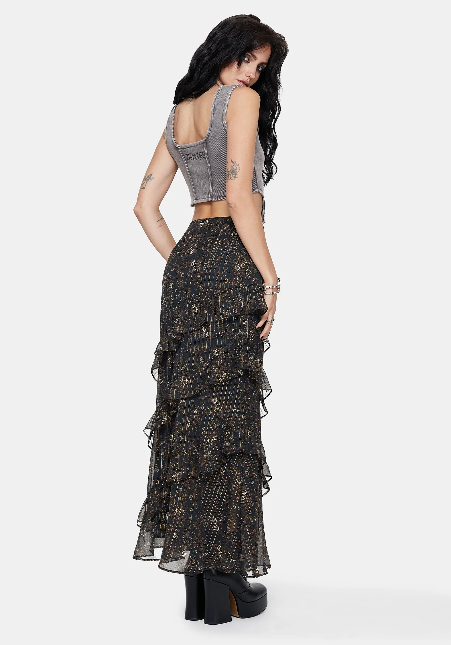 Astralis Floral Stripe Asymmetric Ruffle Tiered Maxi Skirt - Image 3