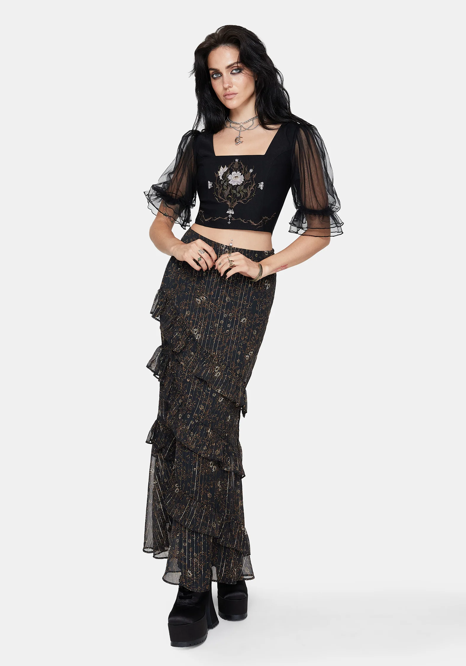 Astralis Floral Stripe Asymmetric Ruffle Tiered Maxi Skirt - Image 4