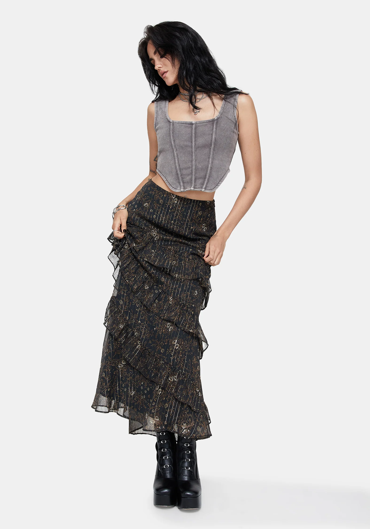 Astralis Floral Stripe Asymmetric Ruffle Tiered Maxi Skirt - Image 5