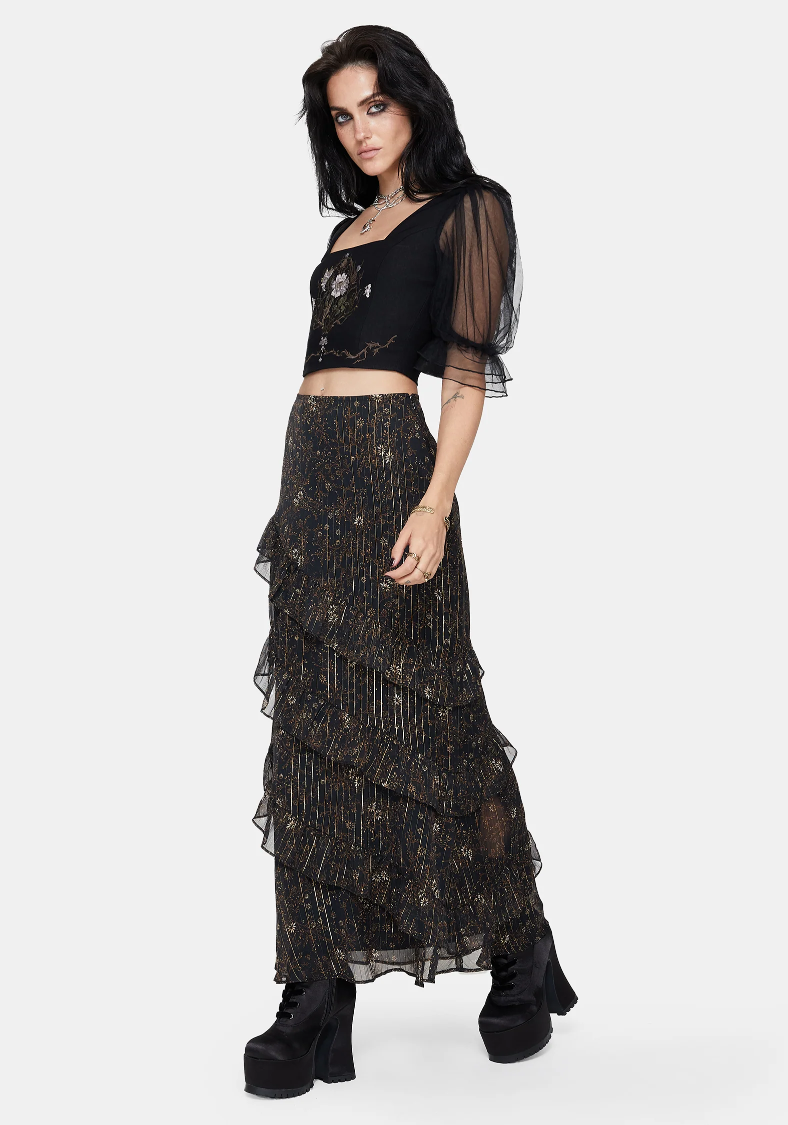 Astralis Floral Stripe Asymmetric Ruffle Tiered Maxi Skirt - Image 6