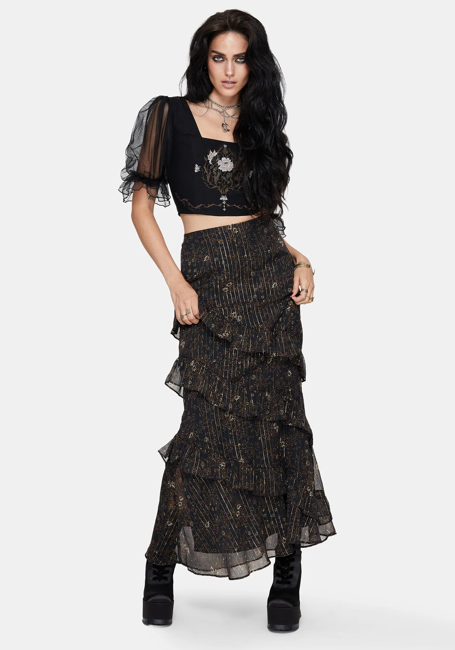 Astralis Floral Stripe Asymmetric Ruffle Tiered Maxi Skirt - Image 8