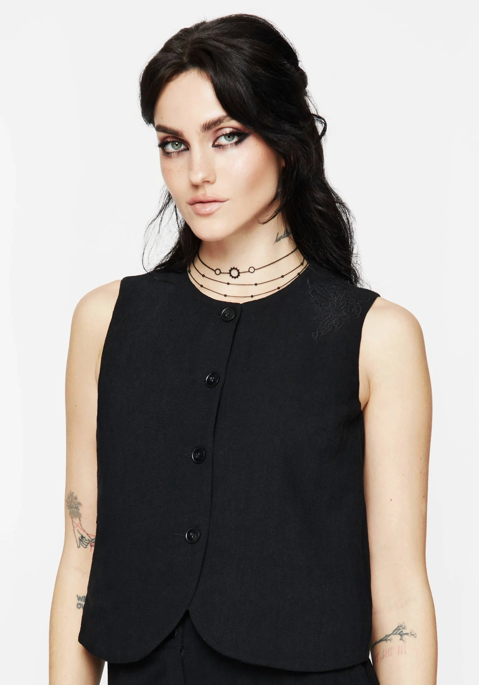 Aya Embroidered Linen Blend Button Front Waistcoat