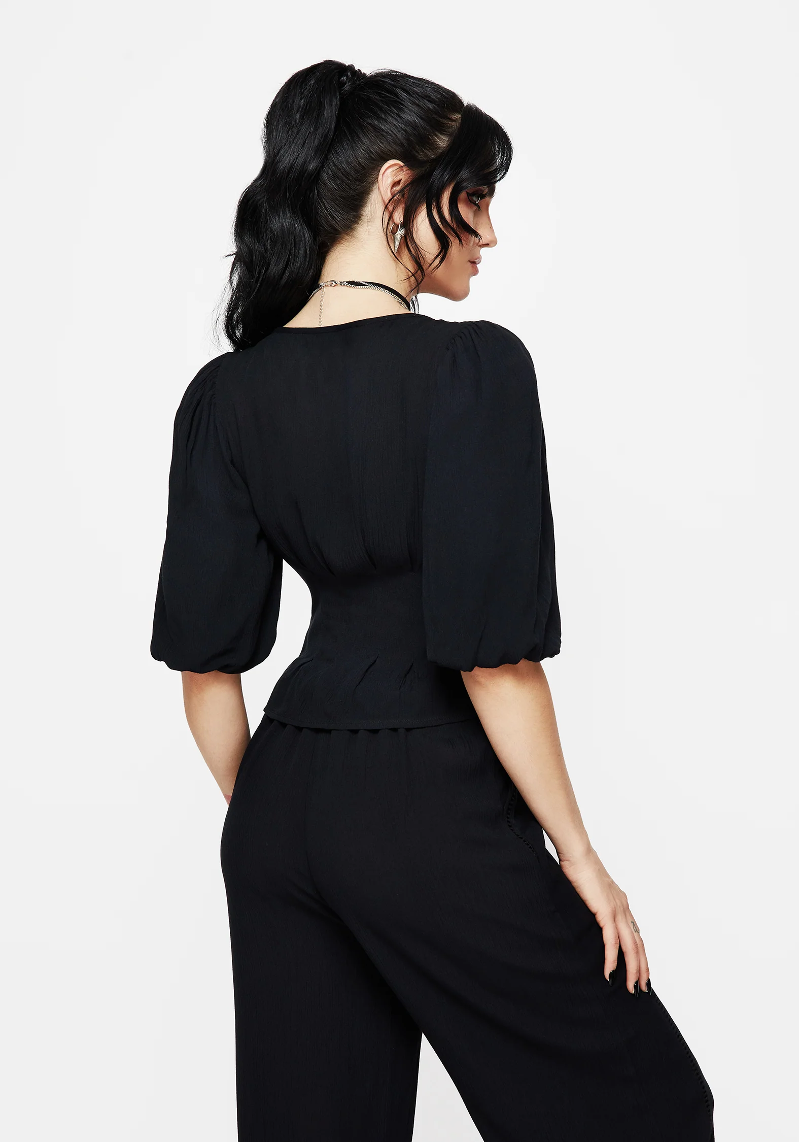 Blessing Lace Trim Tapered Waist Blouse Top - Image 3