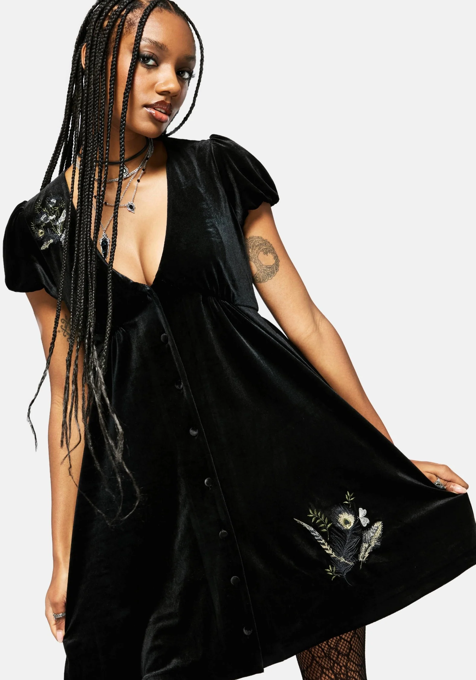 Bluesow Feather & Thistles Embroidered Puff Sleeve Velour Mini Dress - Image 5