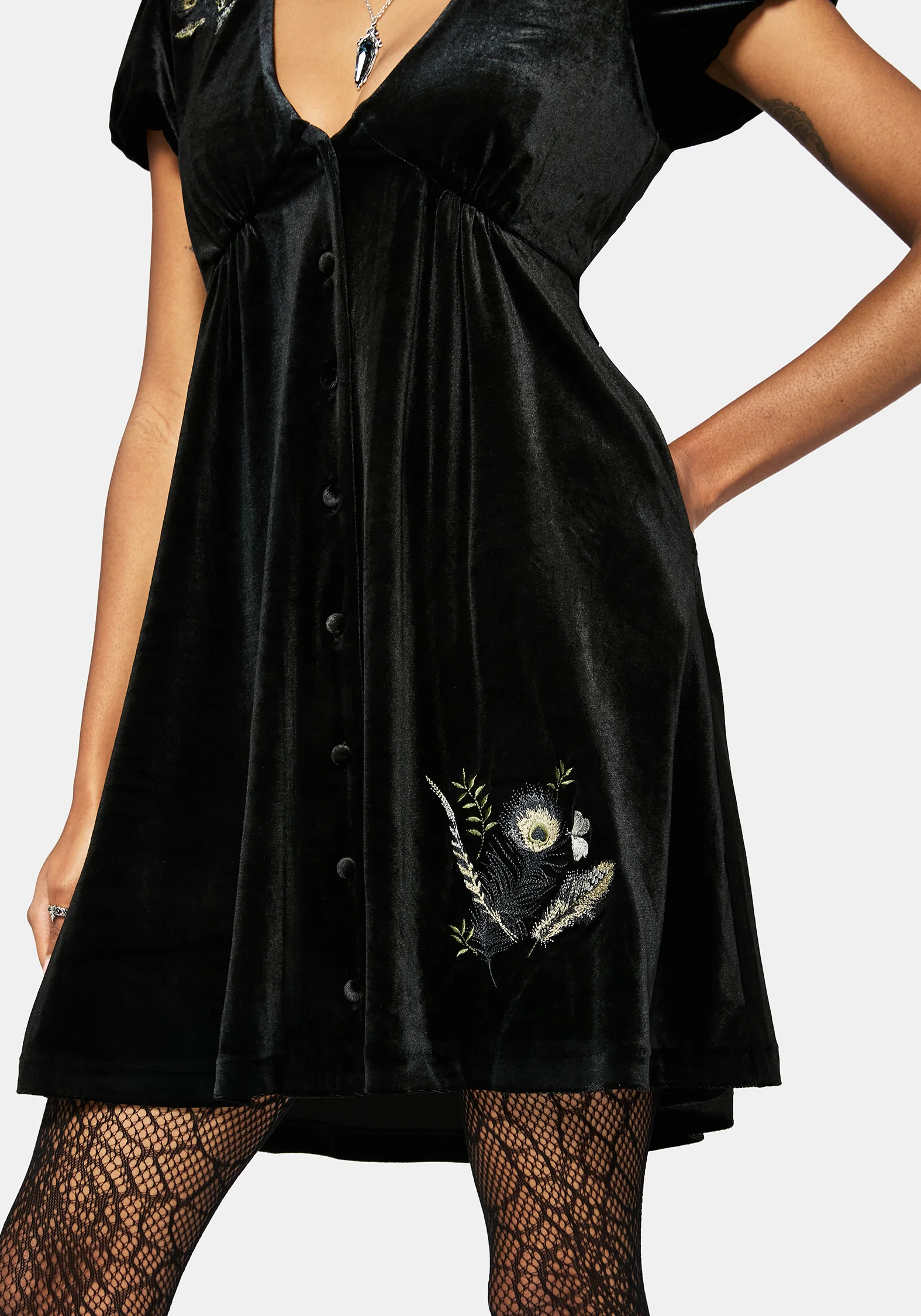 Bluesow Feather & Thistles Embroidered Puff Sleeve Velour Mini Dress - Image 7