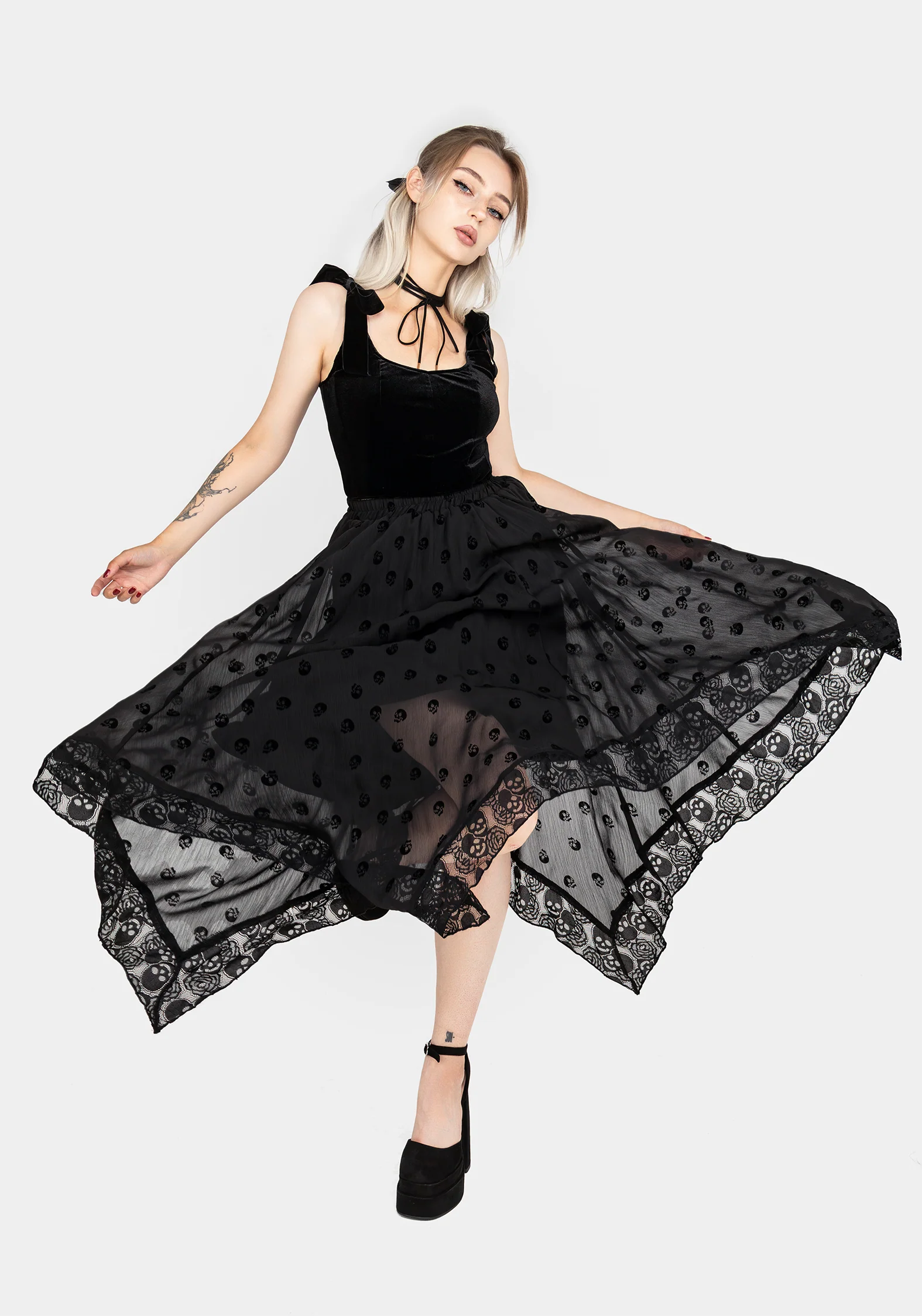 Bones Flocked Chiffon Handkerchief Hem Skirt - Image 6