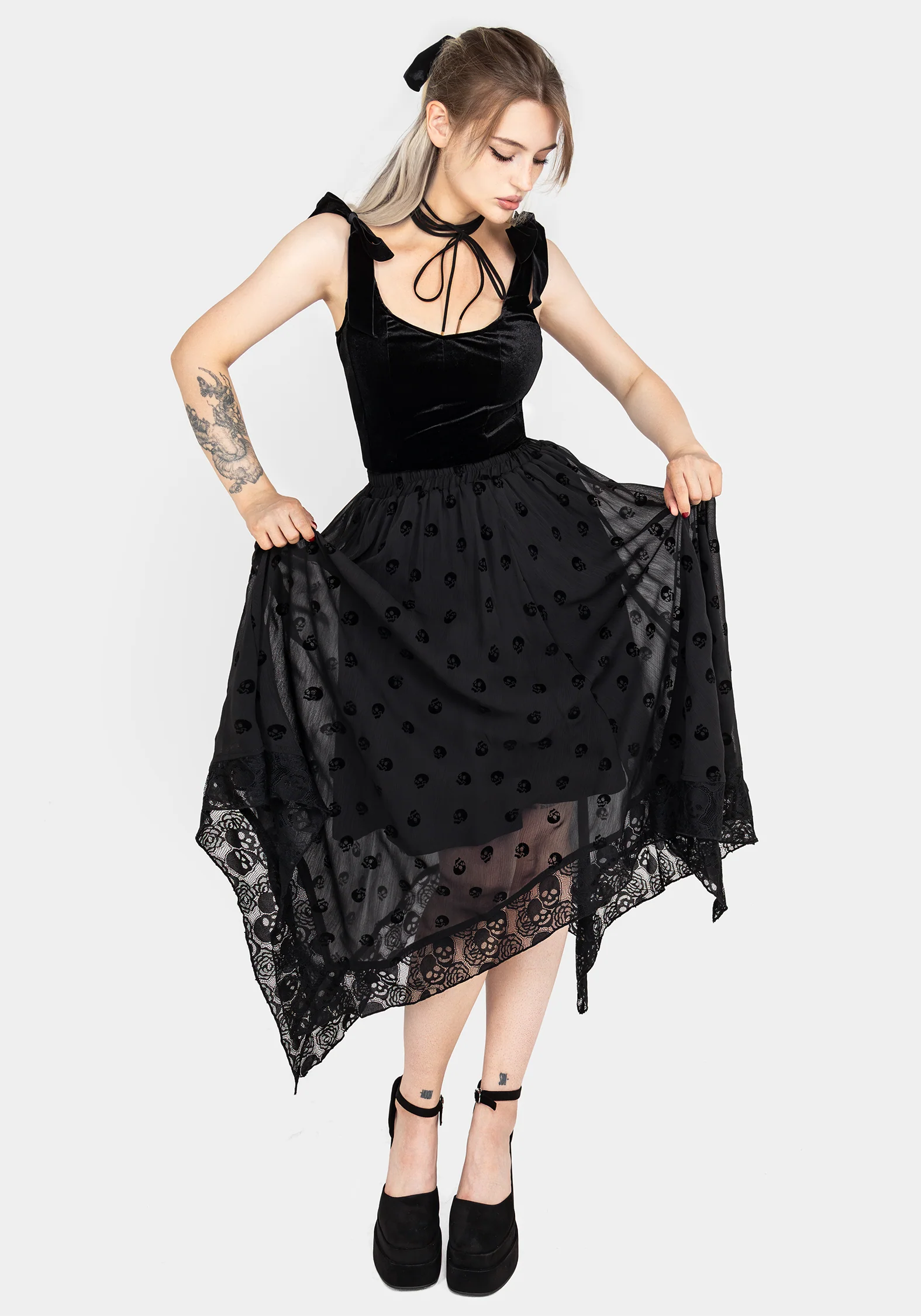 Bones Flocked Chiffon Handkerchief Hem Skirt - Image 7