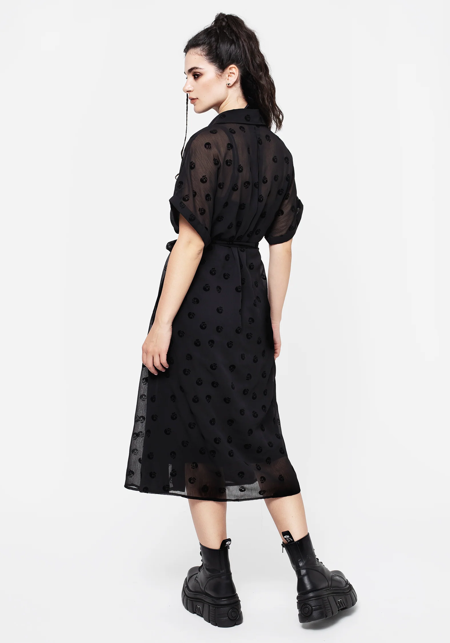 Bones Flocked Pintuck Chiffon Midi Shirt Dress - Image 3