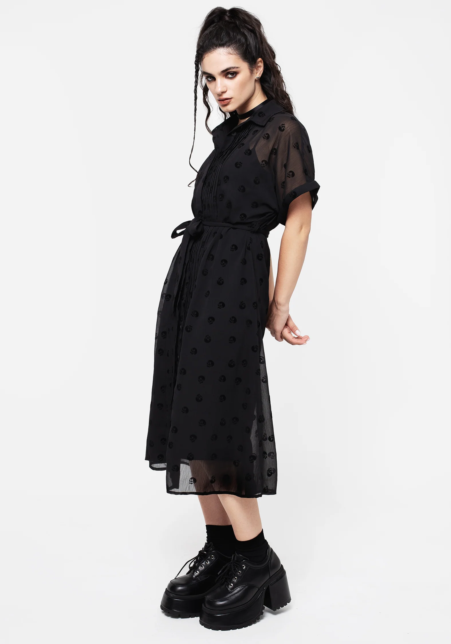 Bones Flocked Pintuck Chiffon Midi Shirt Dress - Image 4