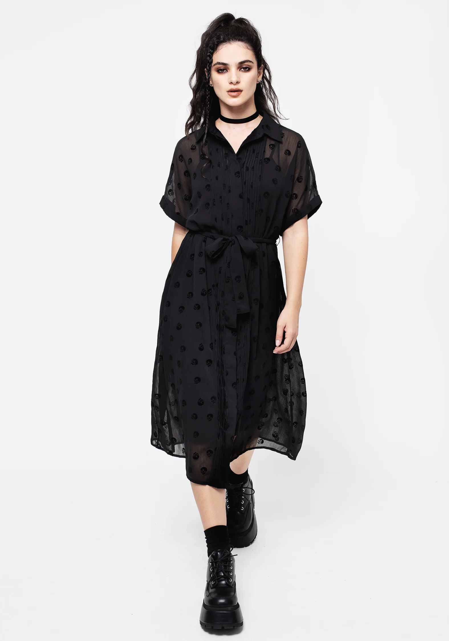 Bones Flocked Pintuck Chiffon Midi Shirt Dress - Image 5