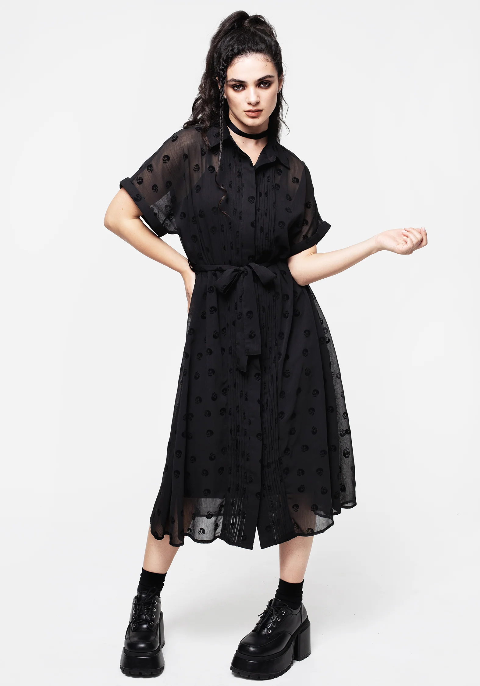 Bones Flocked Pintuck Chiffon Midi Shirt Dress - Image 6