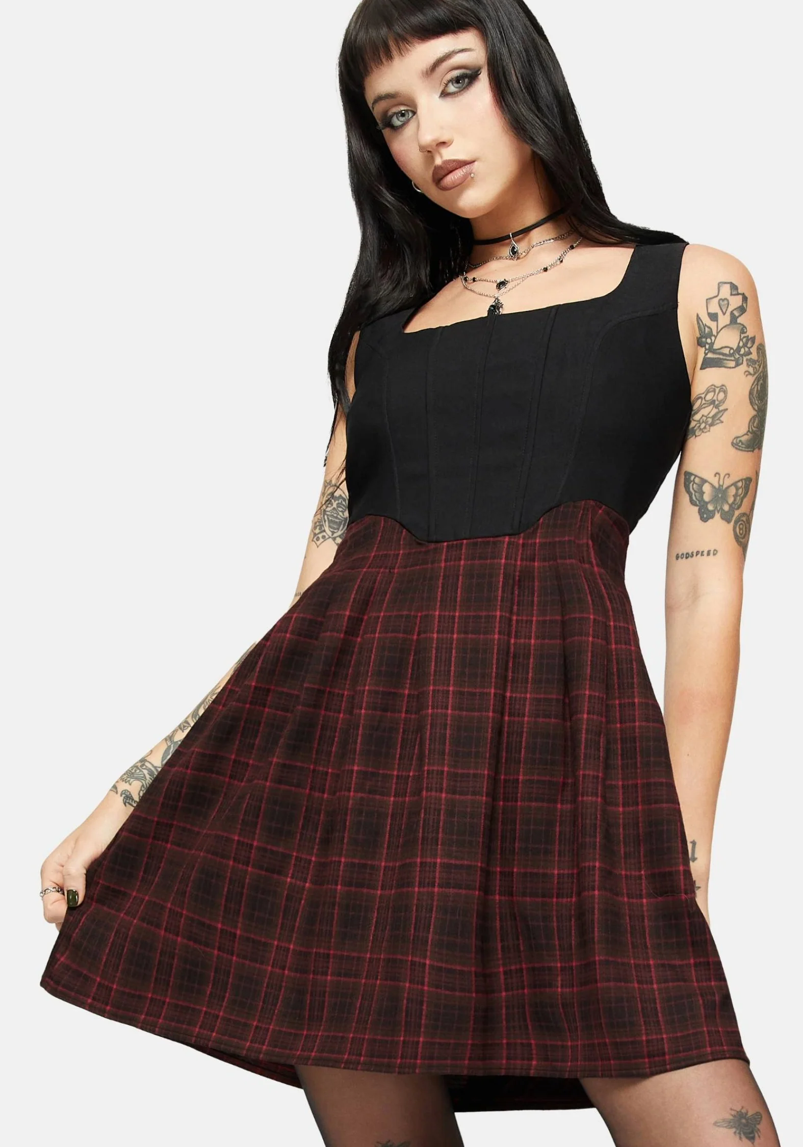 Bonnie Mixed Corset Check Pleated Mini Dress
