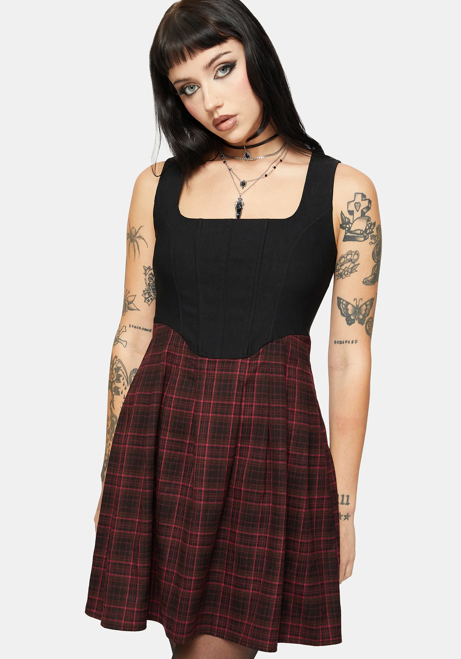 Bonnie Mixed Corset Check Pleated Mini Dress - Image 4