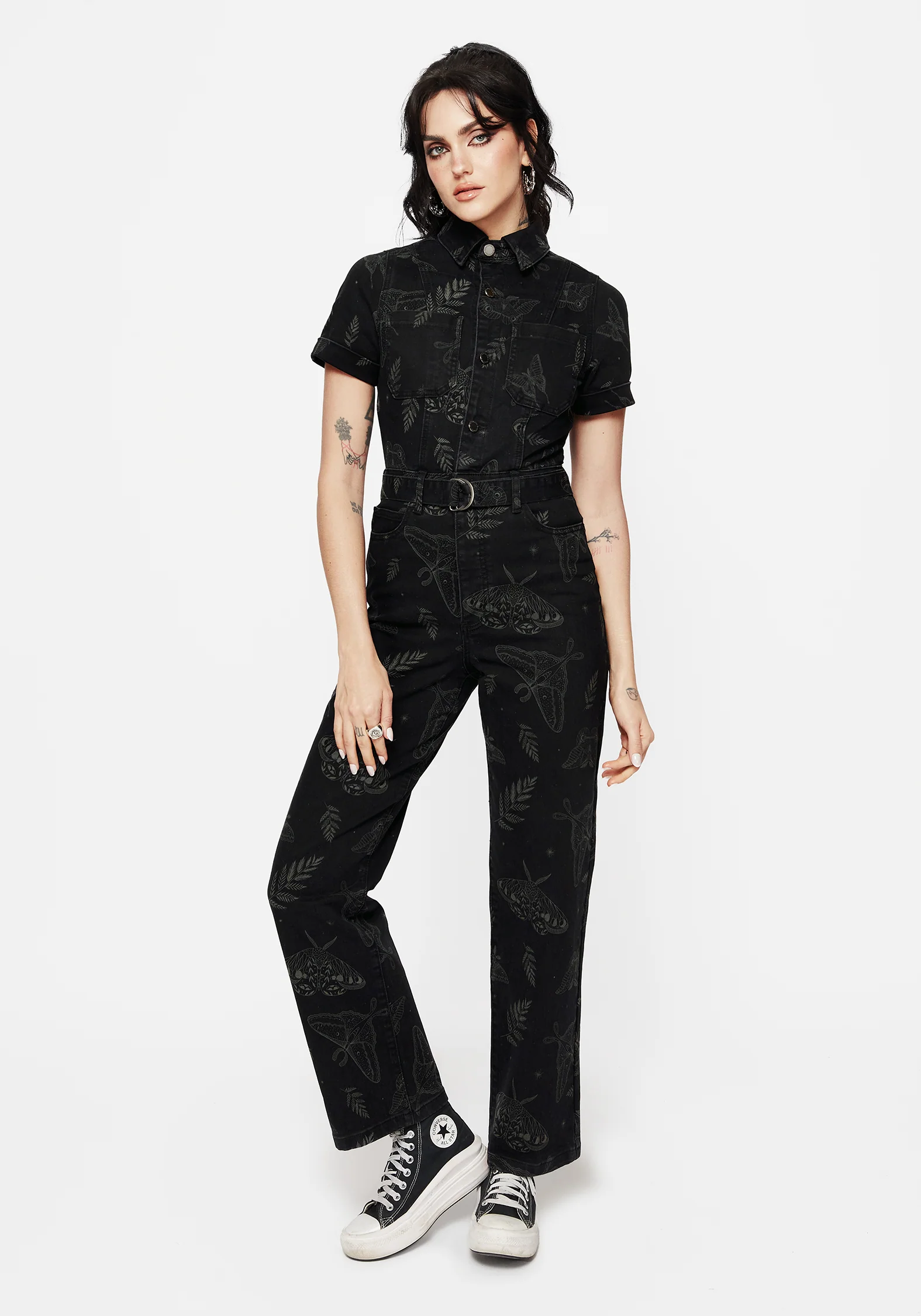 Callopistria Moth Print Denim Jumpsuit