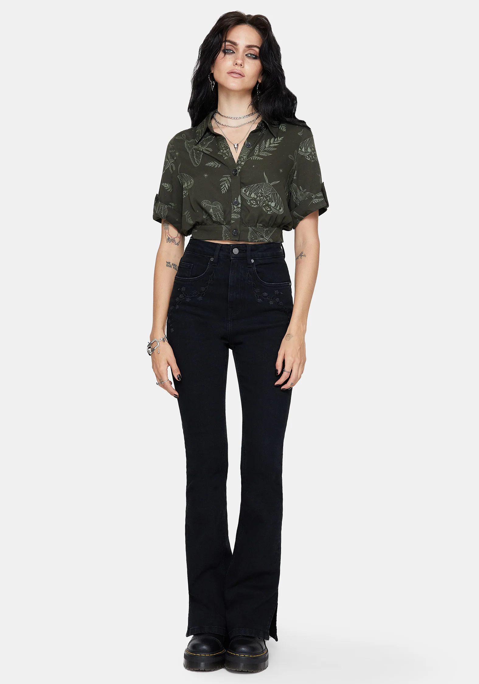 Callopistria Moth Print Short Sleeve Crop Shirt - Green - Image 5