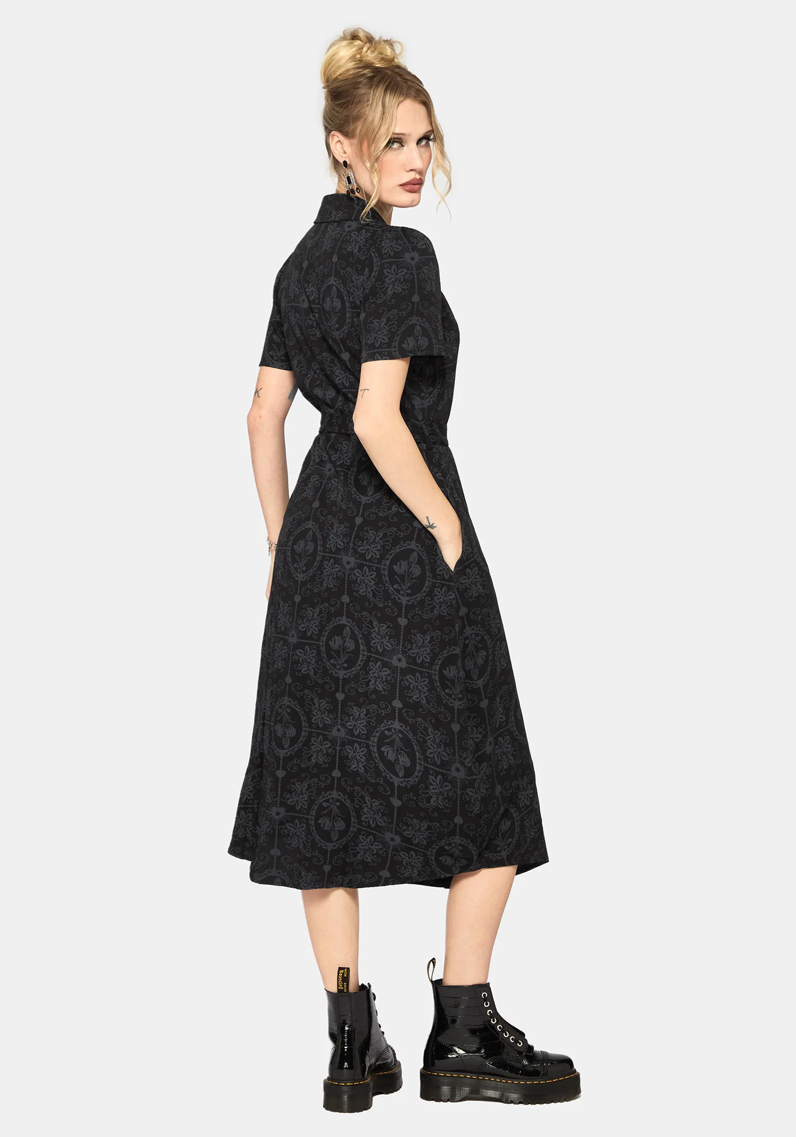 Cameo Floral Printed Tie Belt Midi Shirt Dress - Image 3