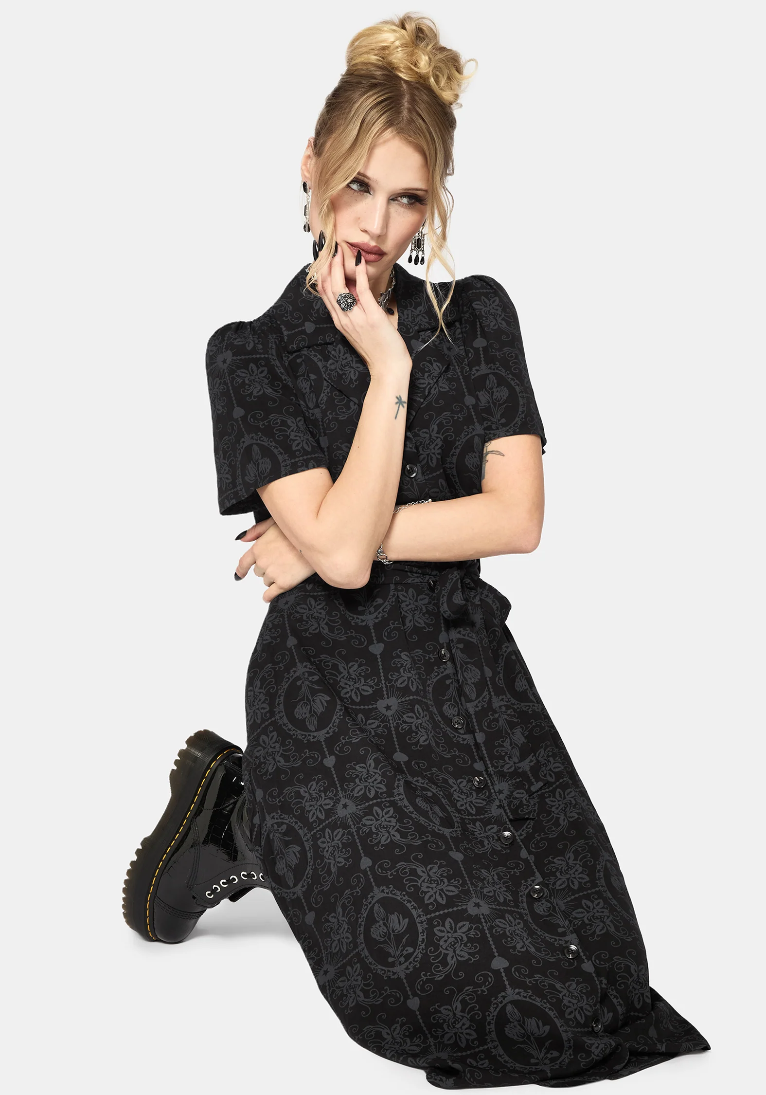 Cameo Floral Printed Tie Belt Midi Shirt Dress - Image 6