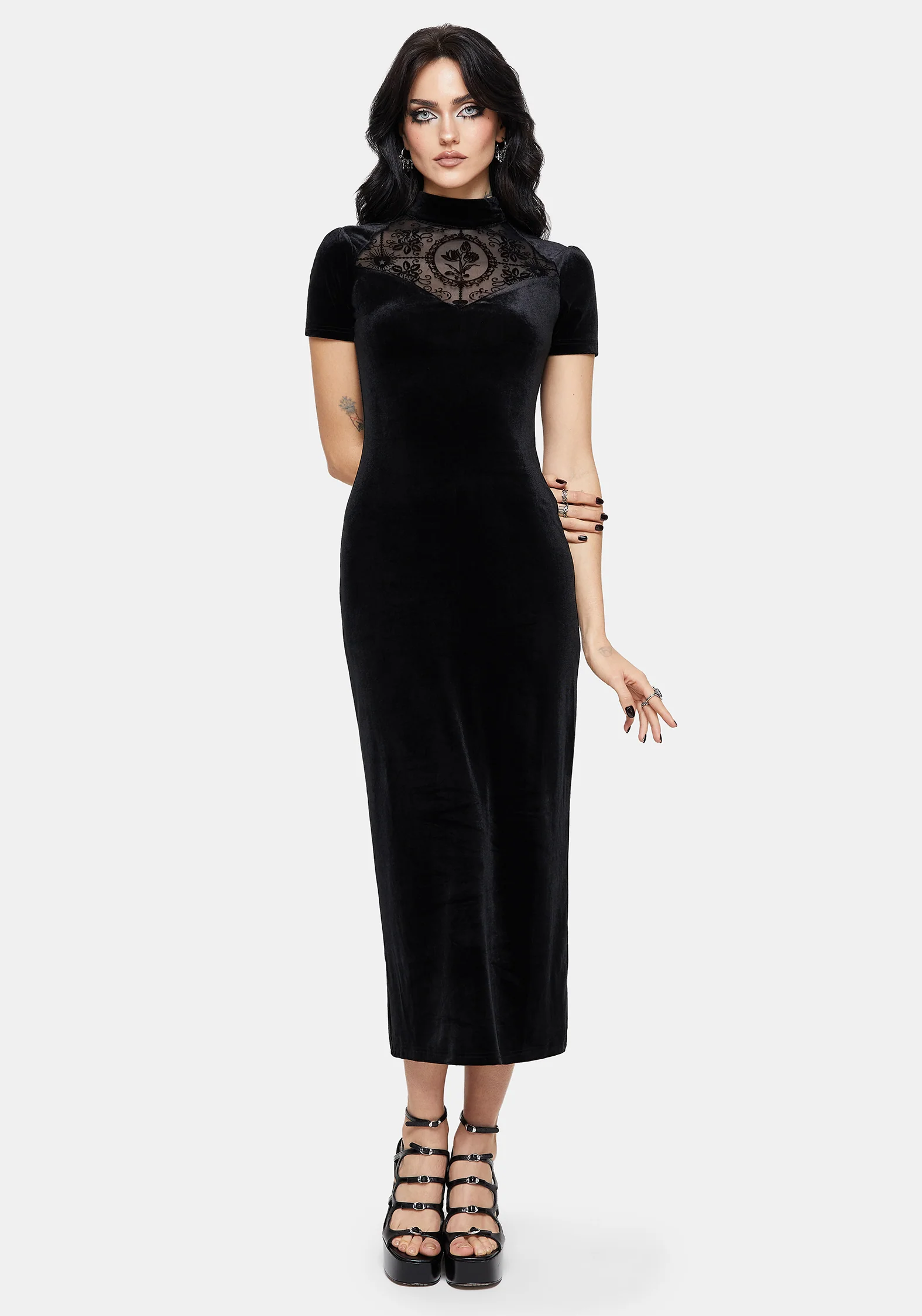 Cameo High Neck Flocked Mesh Insert Midi Dress - Image 4