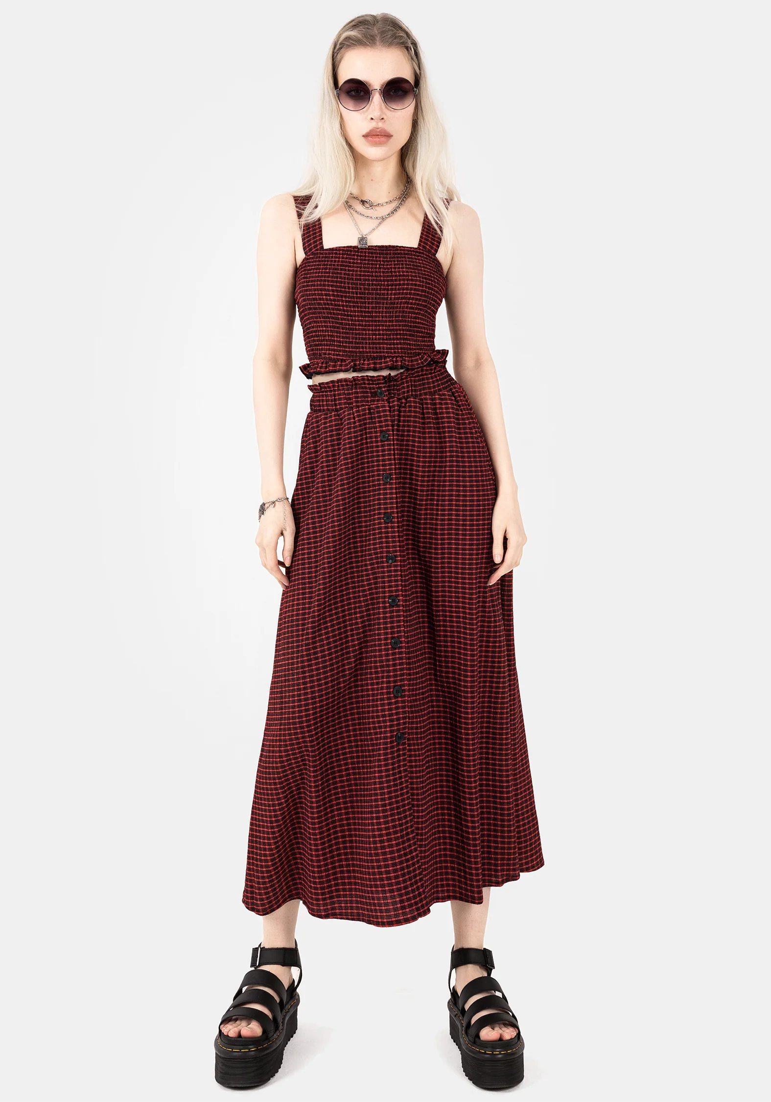 Carmine Textured Check Button Up Midaxi Skirt - Image 4