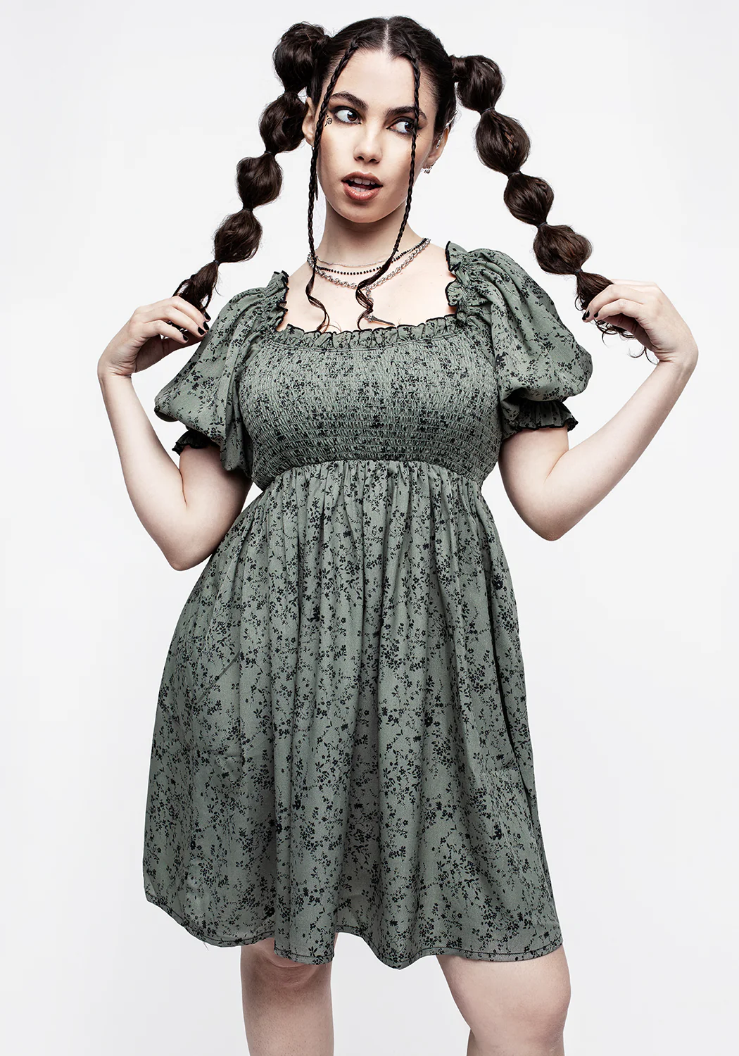 Cassie Green Floral Mini Babydoll Dress - Image 6