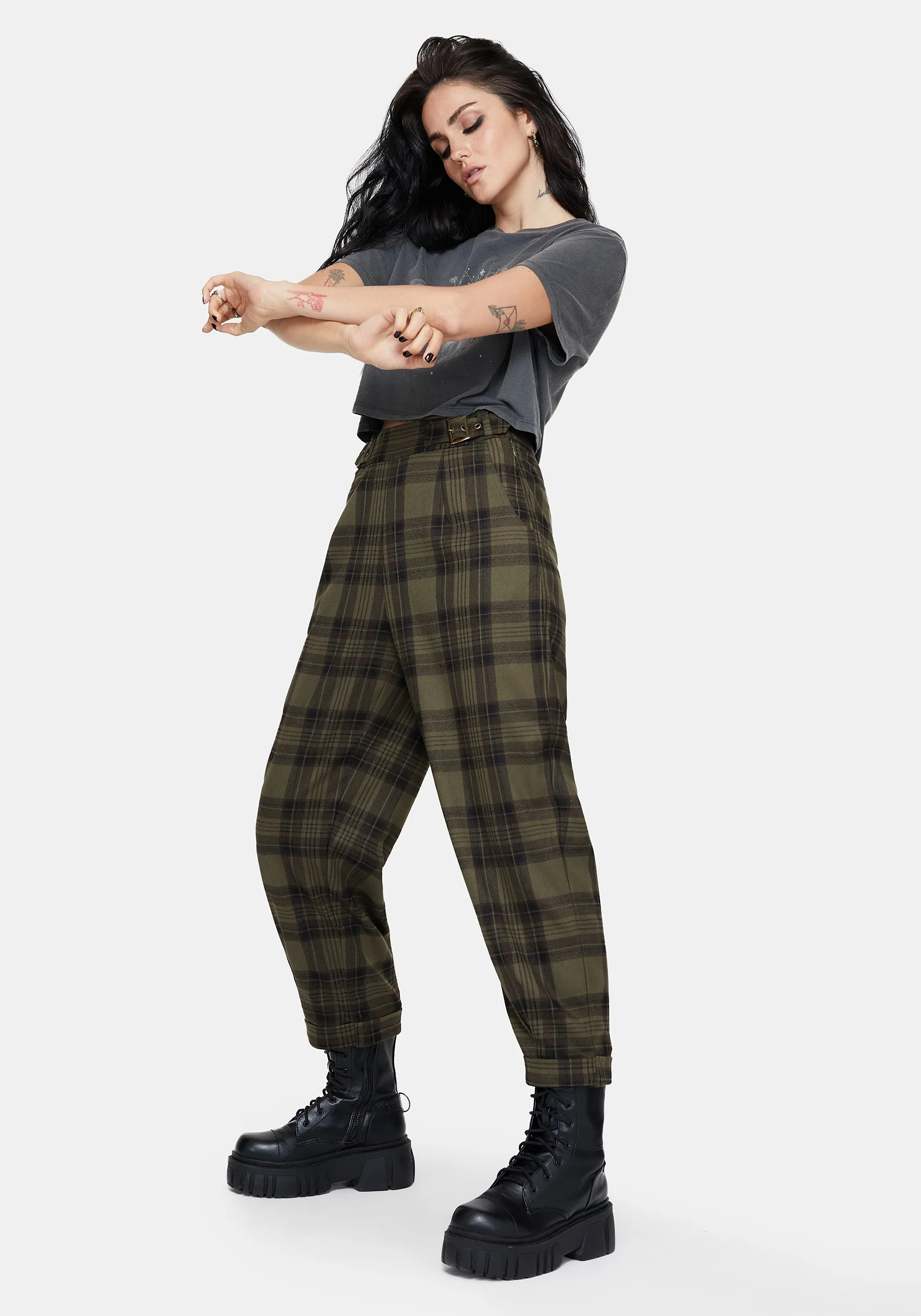 Cecily Buckle Detail Check Balloon Trousers - Image 5