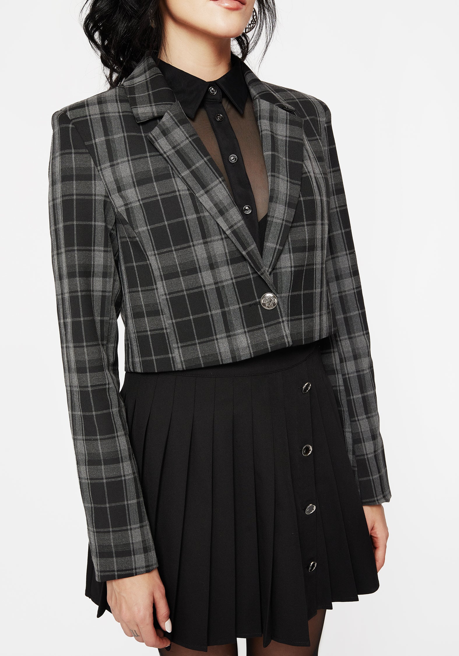 Checkmate Check Crop Blazer - Black - Image 2