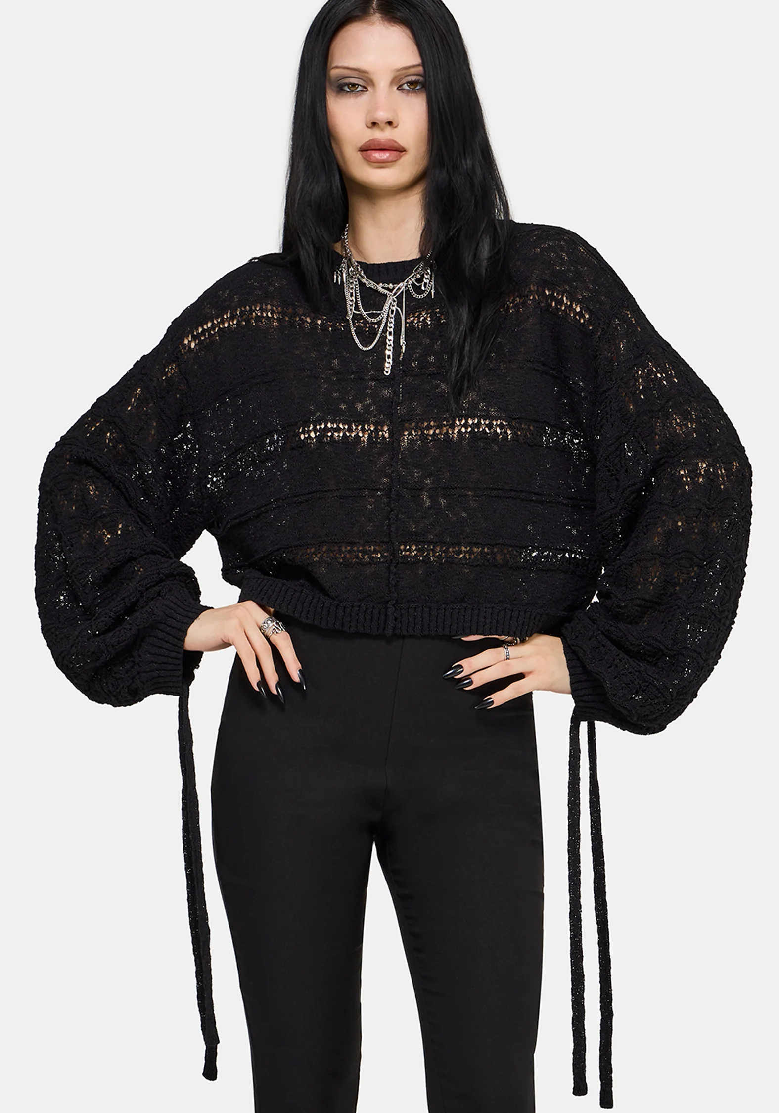 Cherith Balloon Sleeve Pointelle Stripe Jumper - Image 4