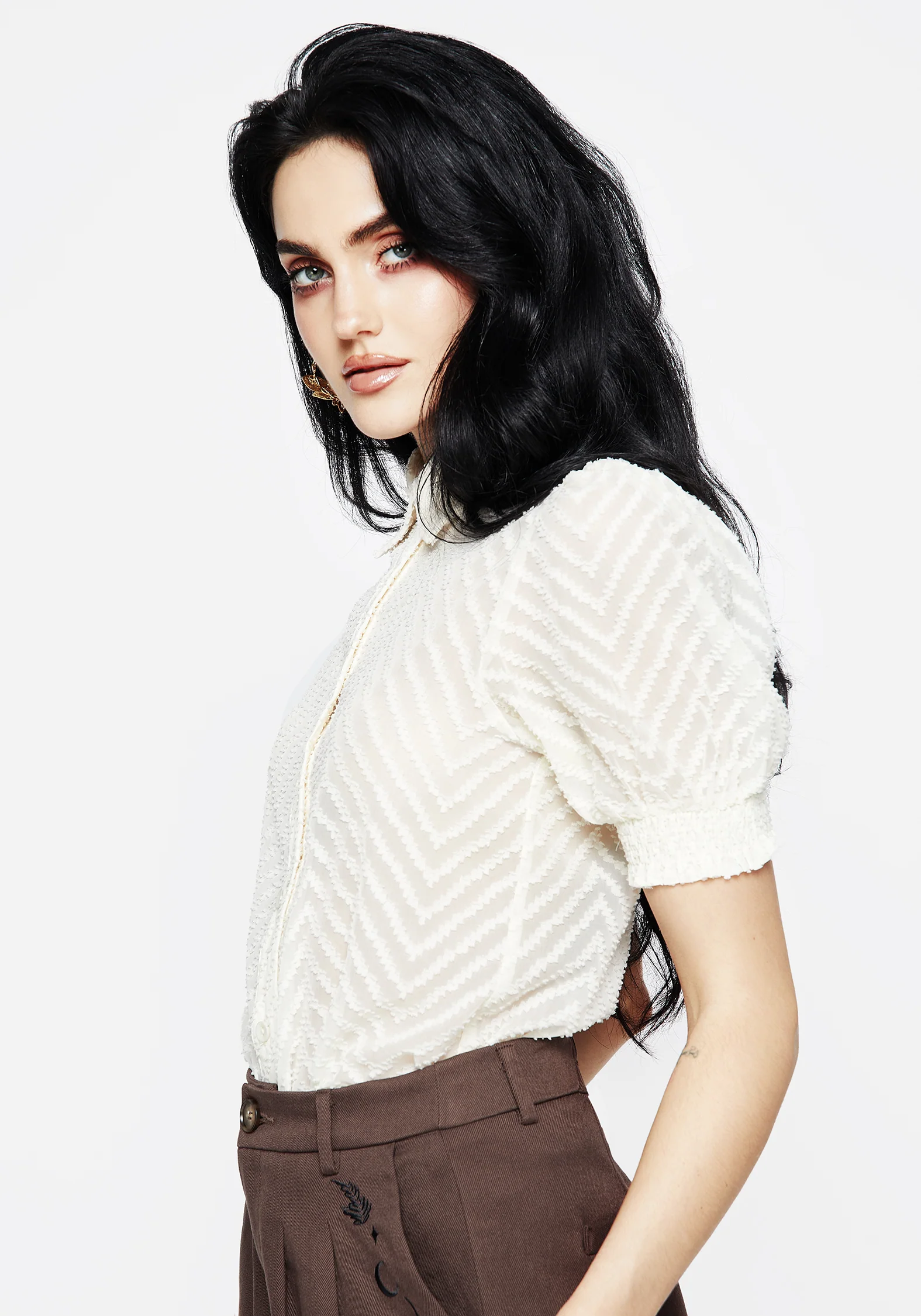 Chevron Button Up Blouse Top - White - Image 5