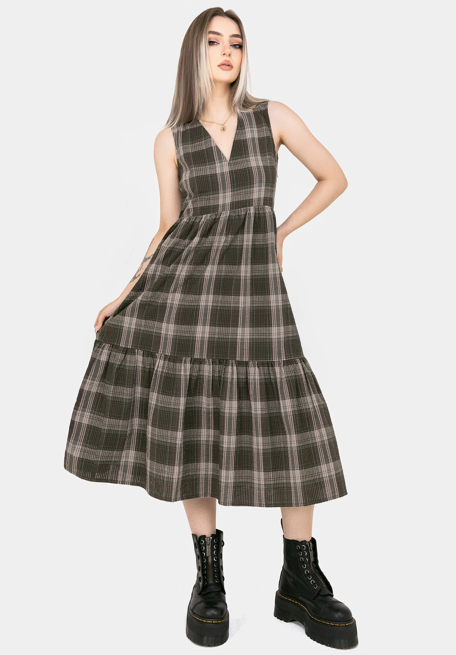 Clara Cotton Check Sleeveless Tiered Smock Midi Dress - Image 6