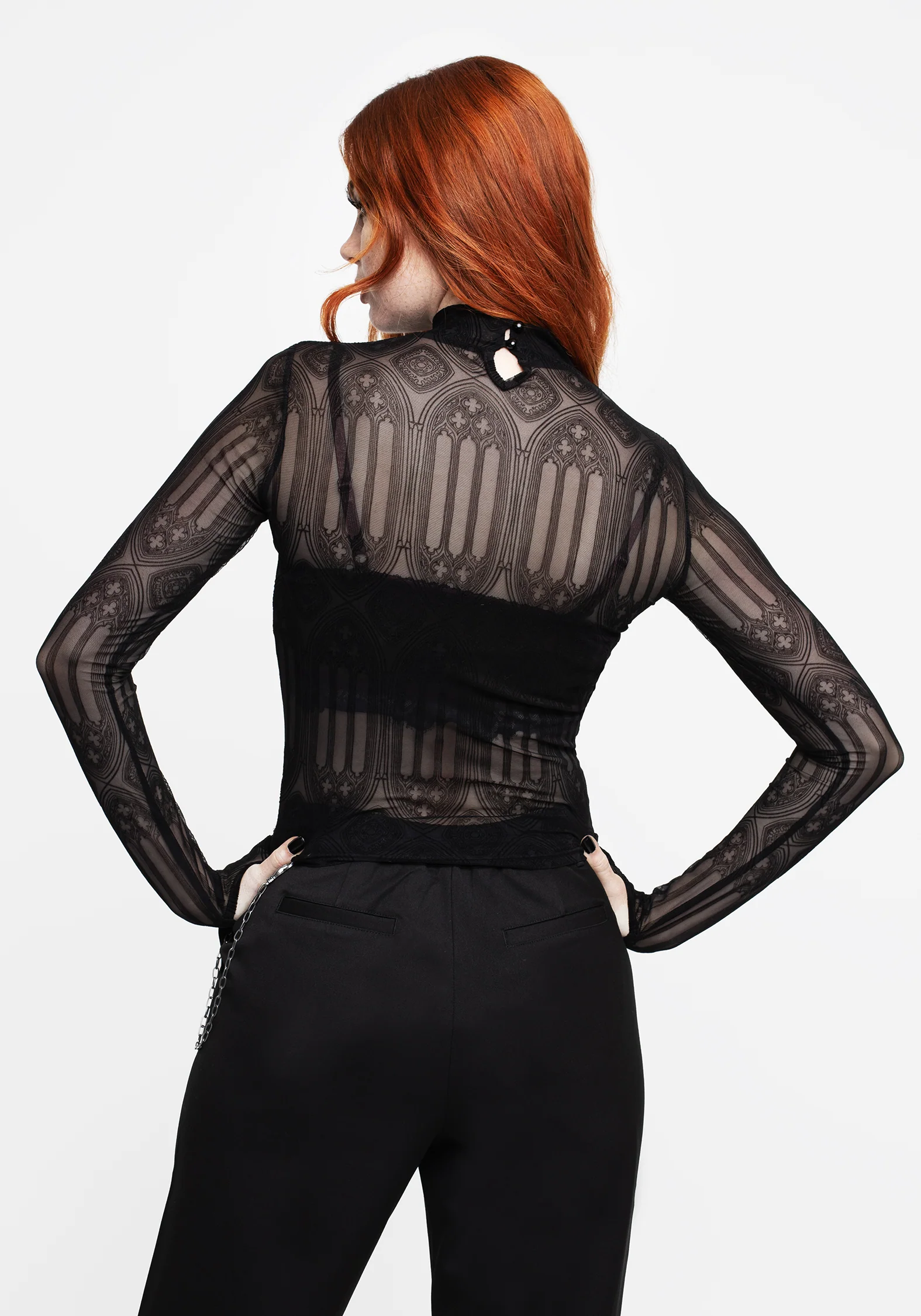 Cloister Flocked Mesh High Neck Long Sleeve Top - Image 3