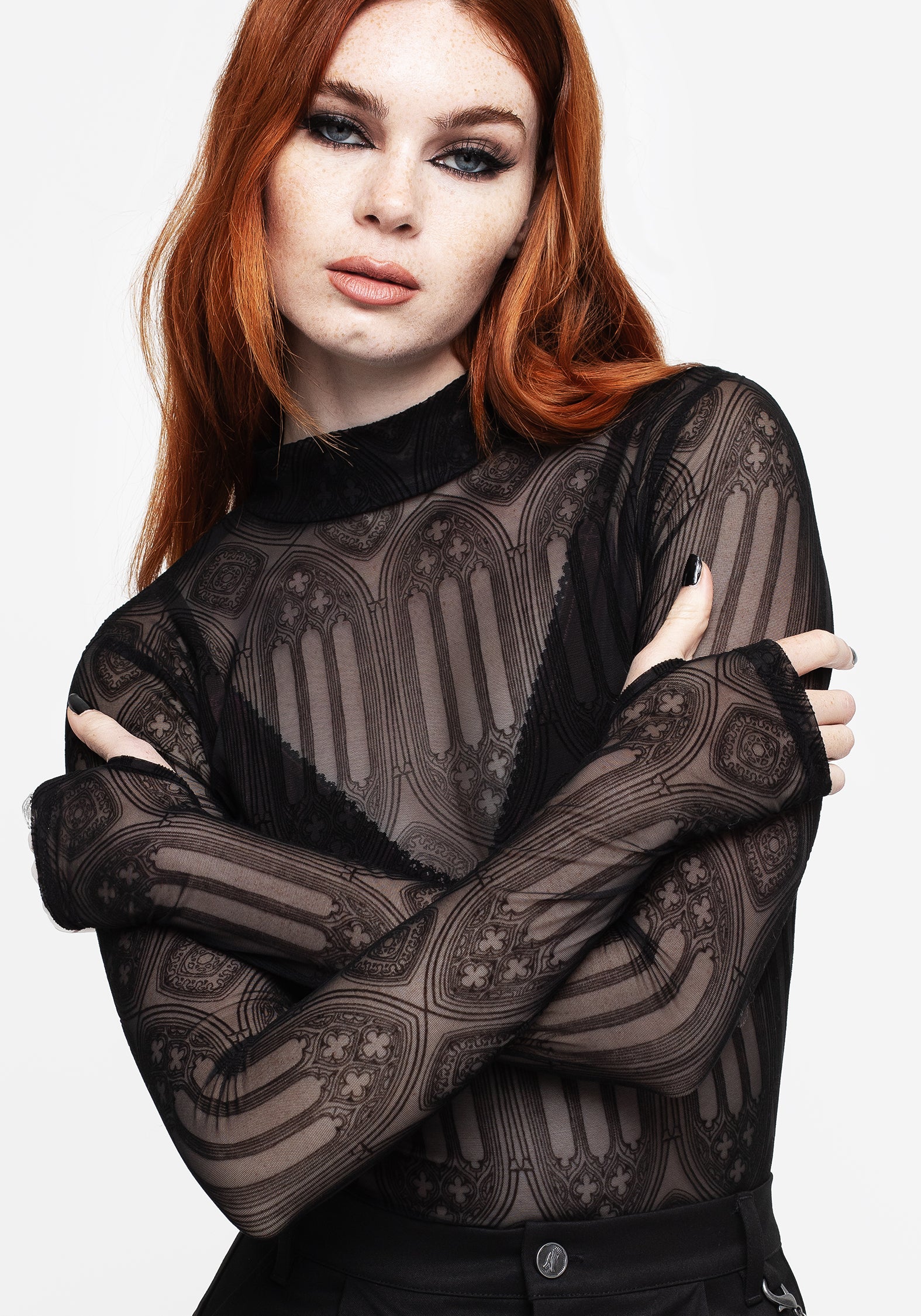 Cloister Flocked Mesh High Neck Long Sleeve Top - Image 4