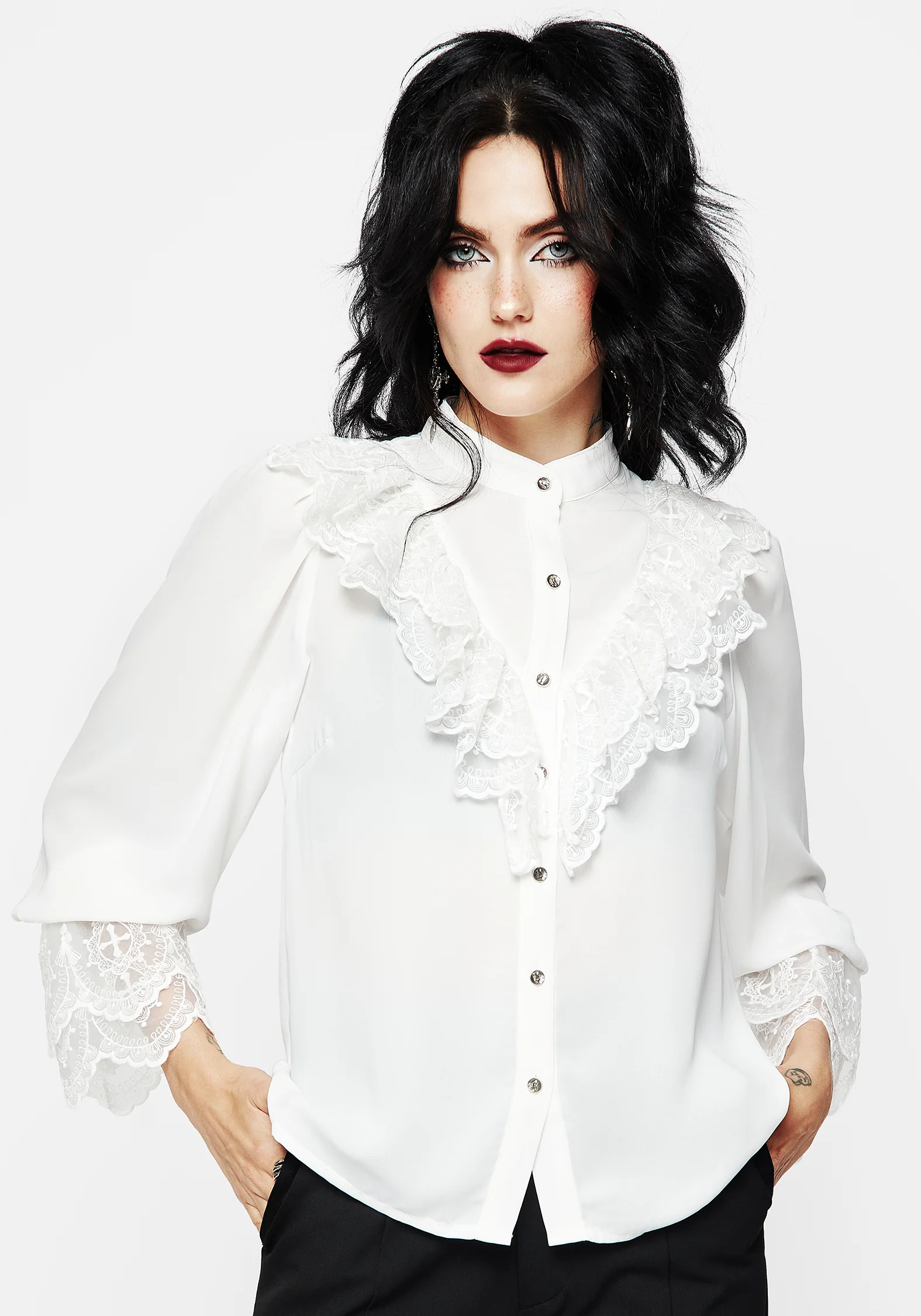 Constance Lace Frill Button Up Blouse Top - Image 7
