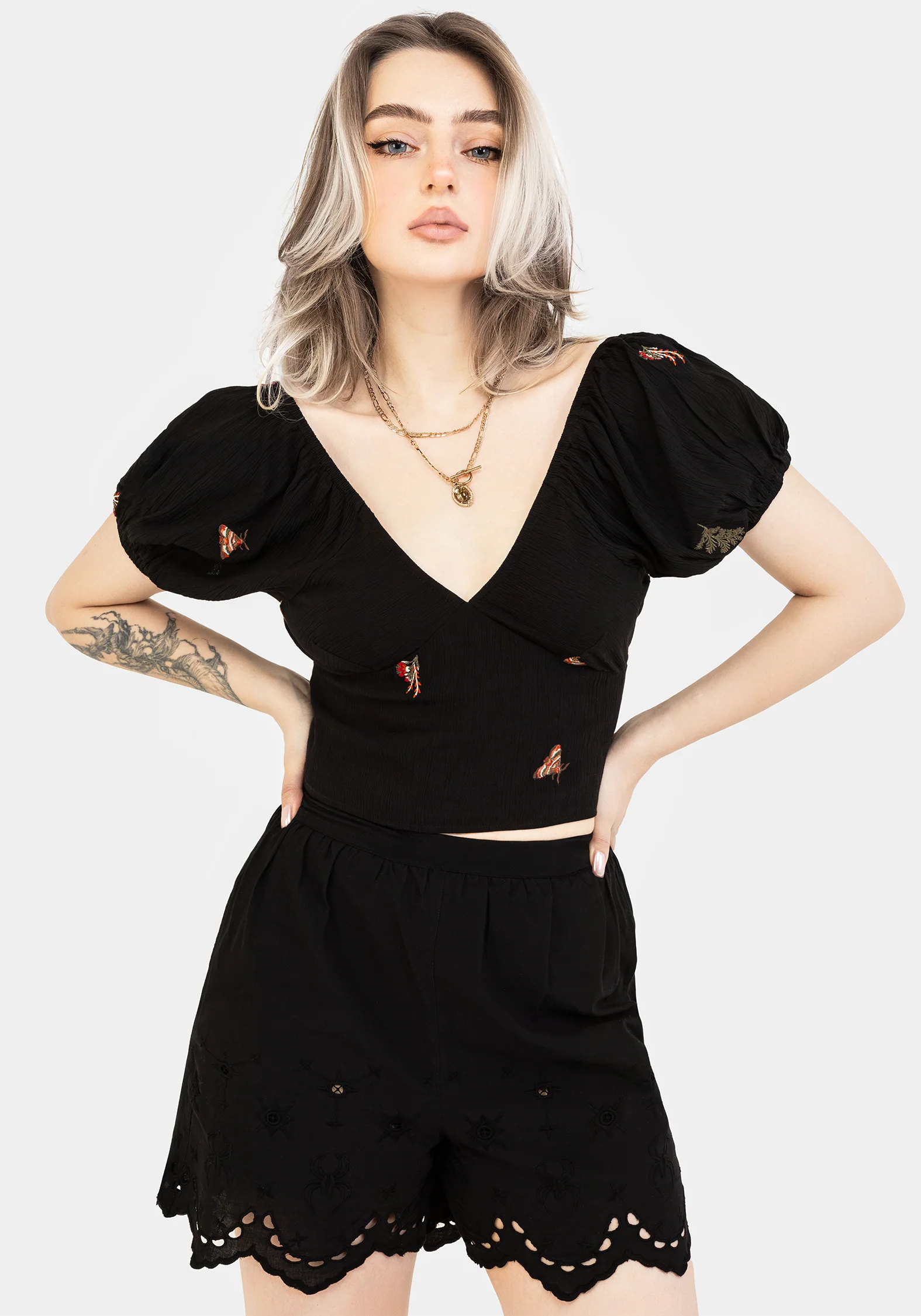 Copia Moth Embroidered Cotton Puff Sleeve Top - Image 4