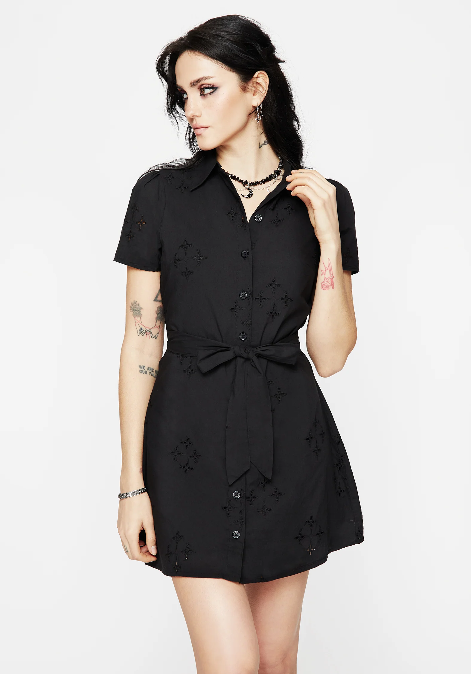 Crux Broderie Cotton Belted Mini Shirt Dress - Image 6